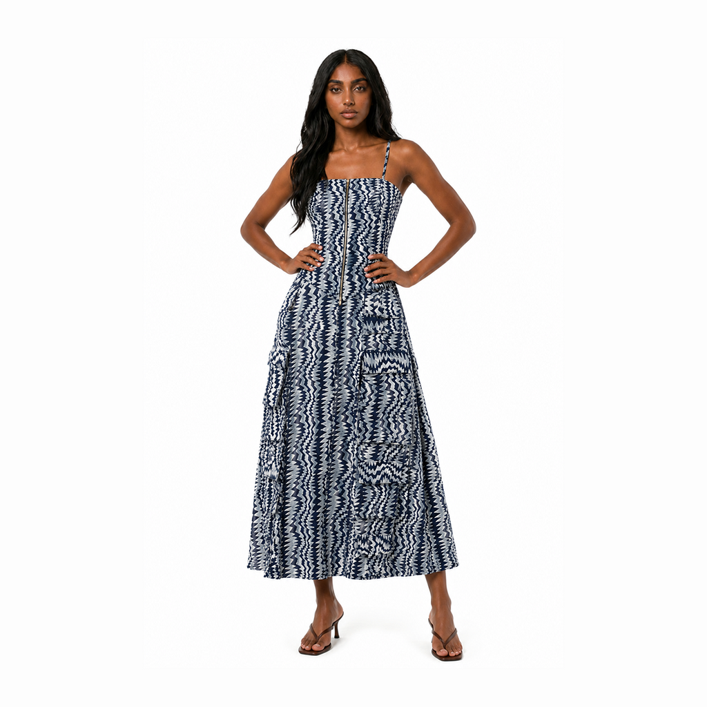 Denim Print Corset and Utility Skirt