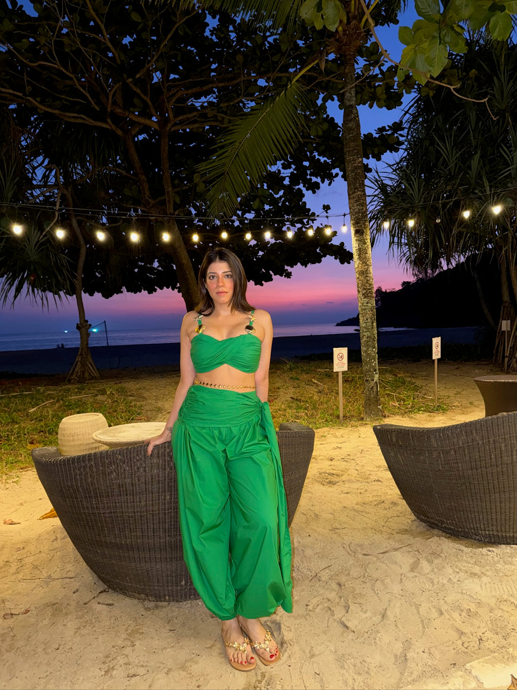 GREEN WRAPPED BALLOON PANTS WITH TWISTED BUSTIER