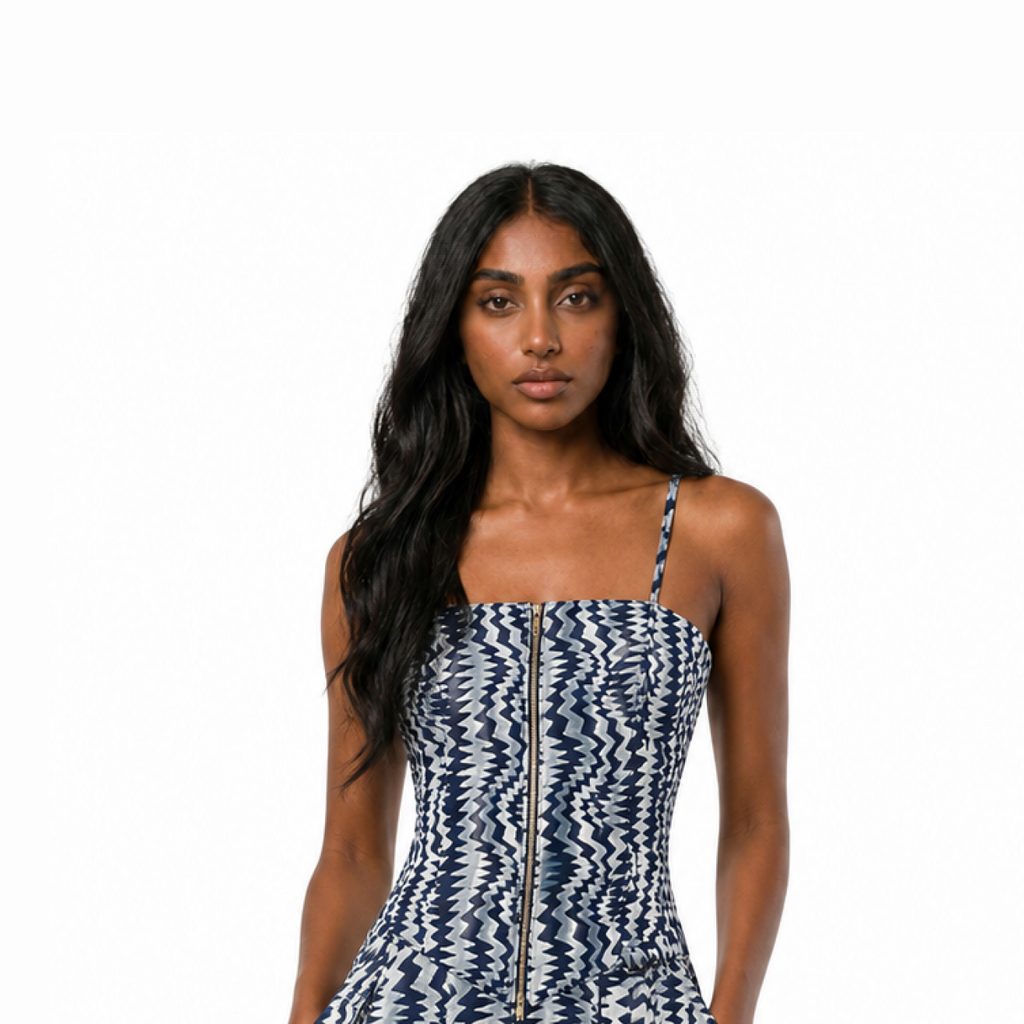 Denim Print Corset and Utility Skirt