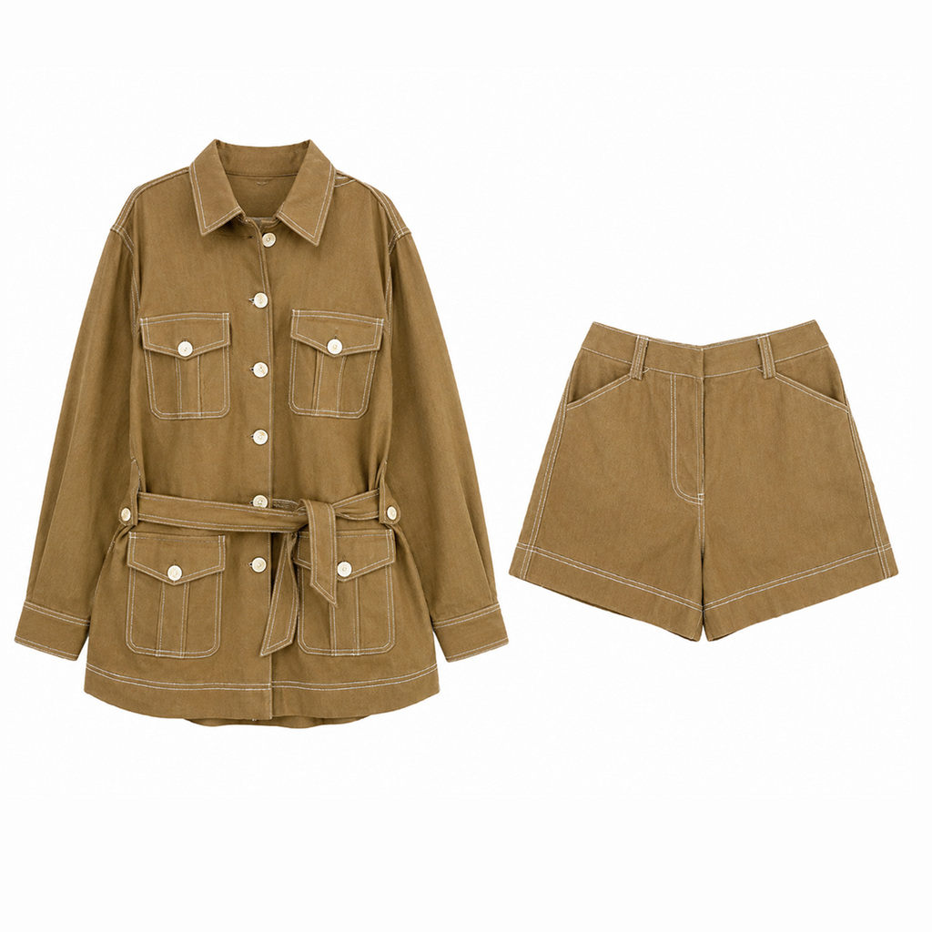 Brown Coat and Shorts Set