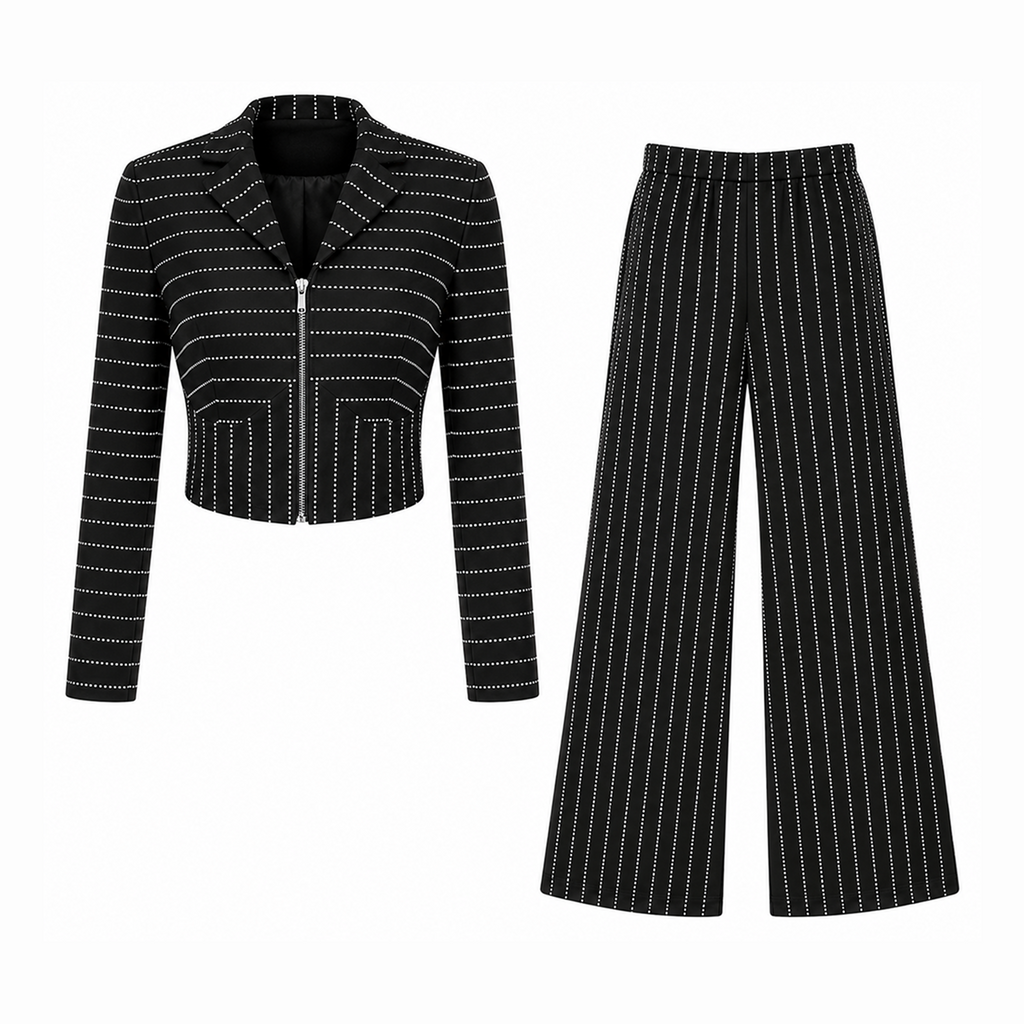 Rhinestones Stripe Shirt vest and Pants