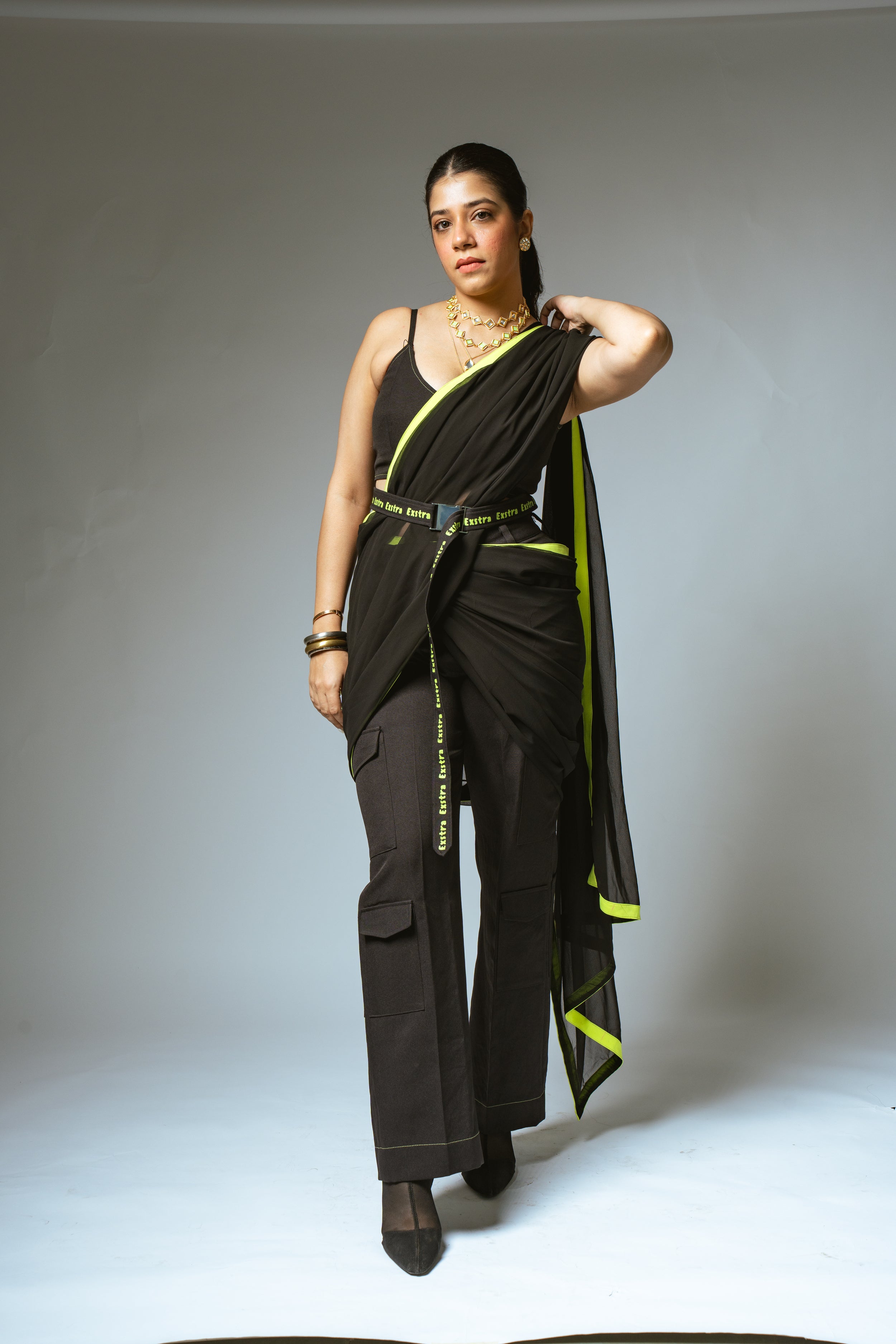 Black & Neon Saree with Cargo Pants