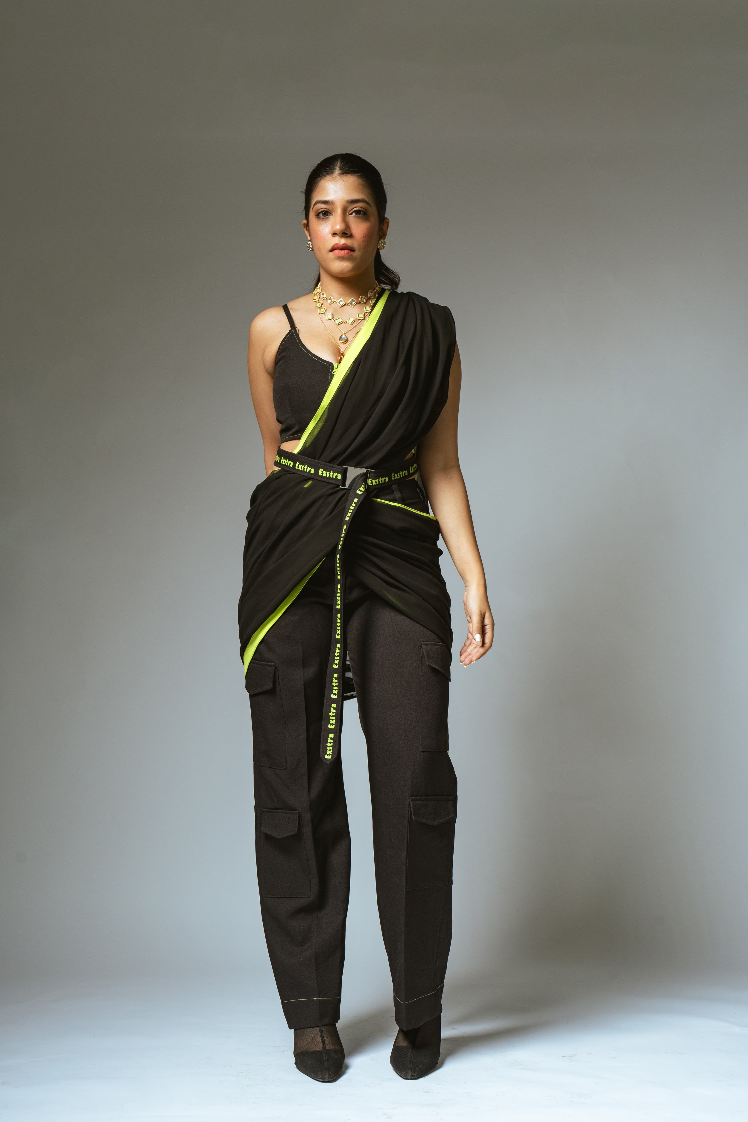 Black & Neon Saree with Cargo Pants