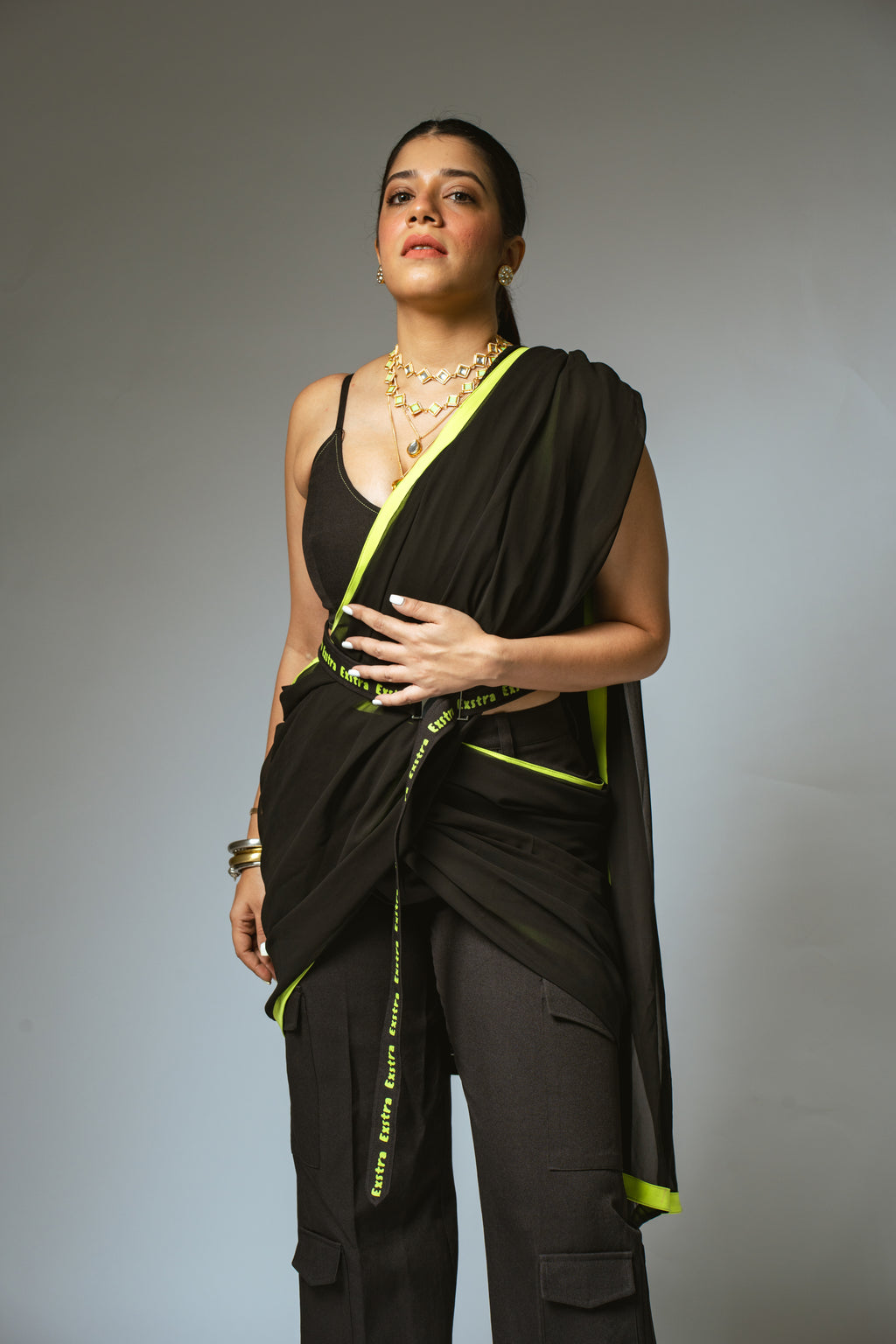 Black & Neon Saree with Cargo Pants