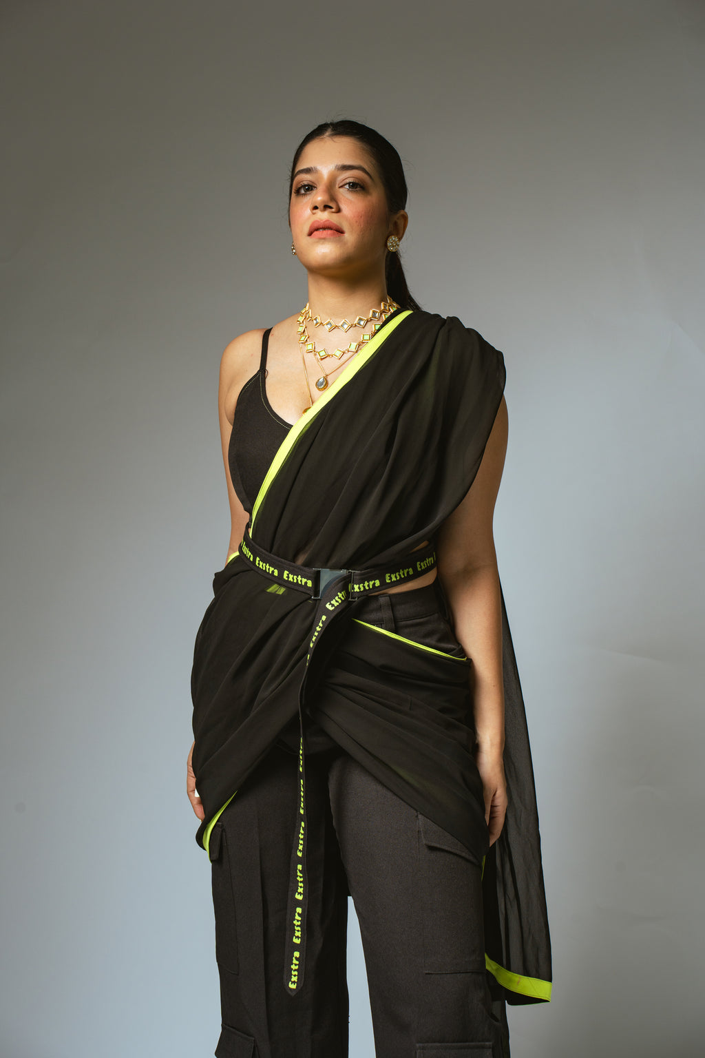Black & Neon Saree with Cargo Pants