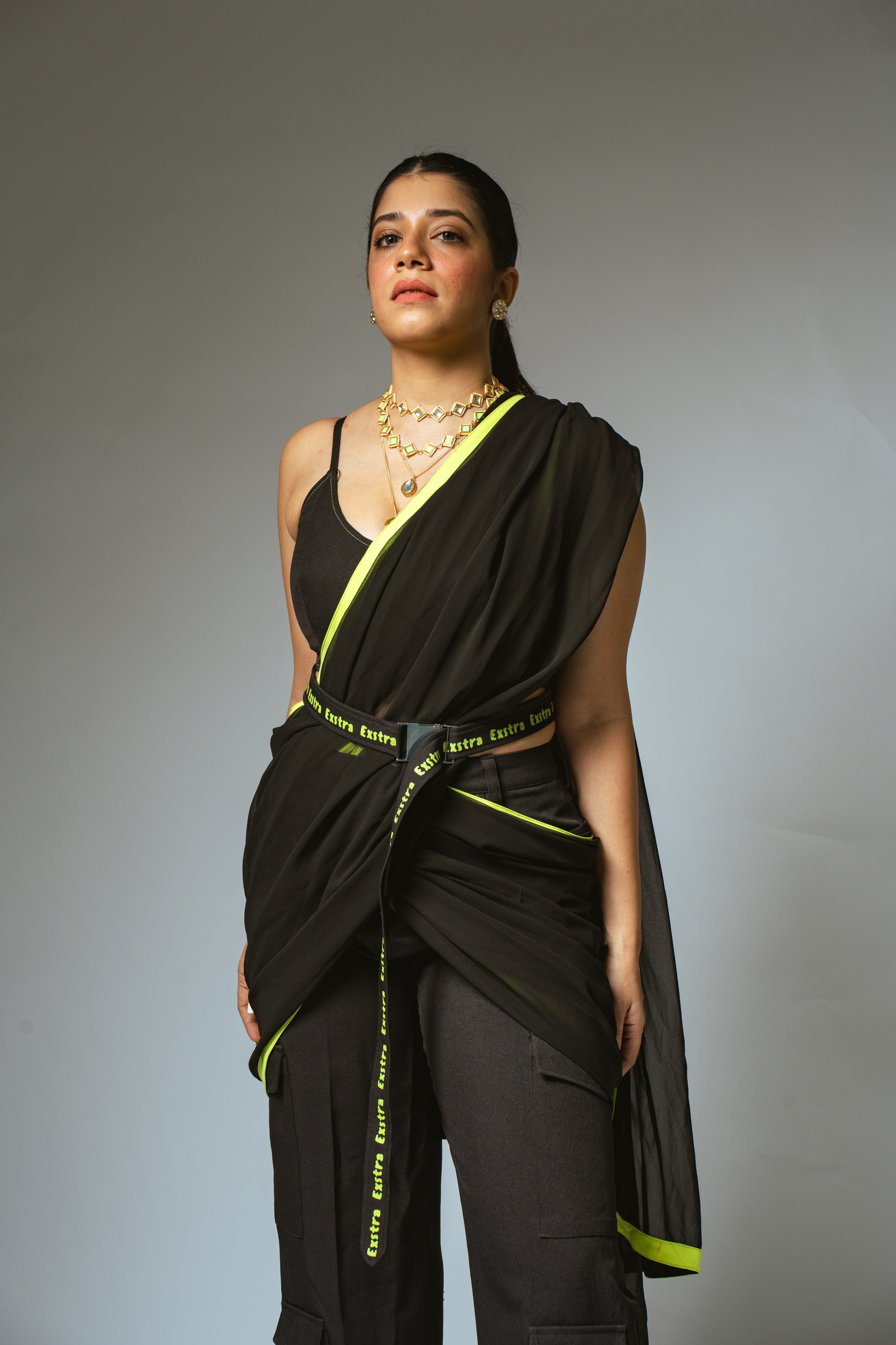 Black & Neon Saree with Cargo Pants