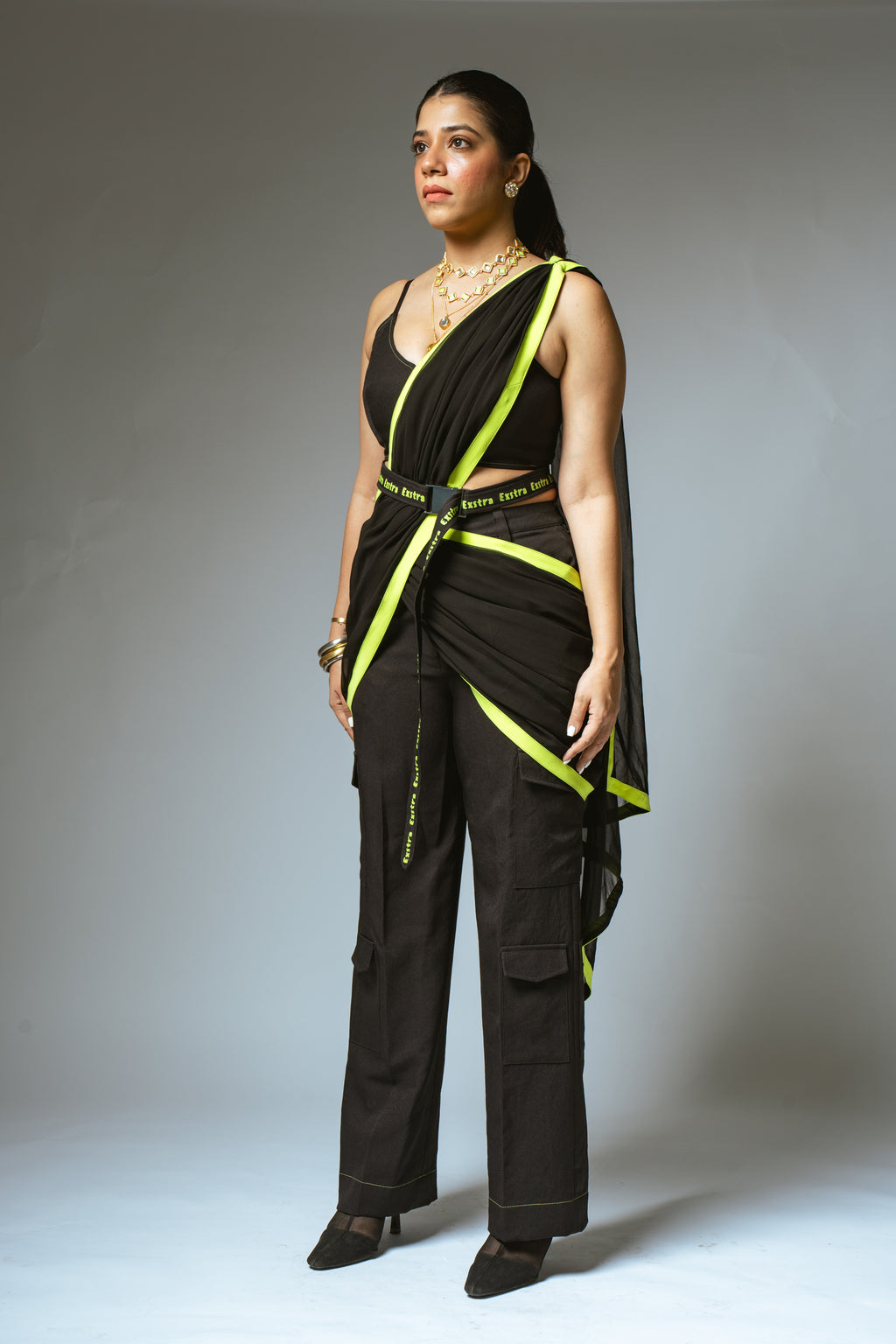 Black & Neon Saree with Cargo Pants