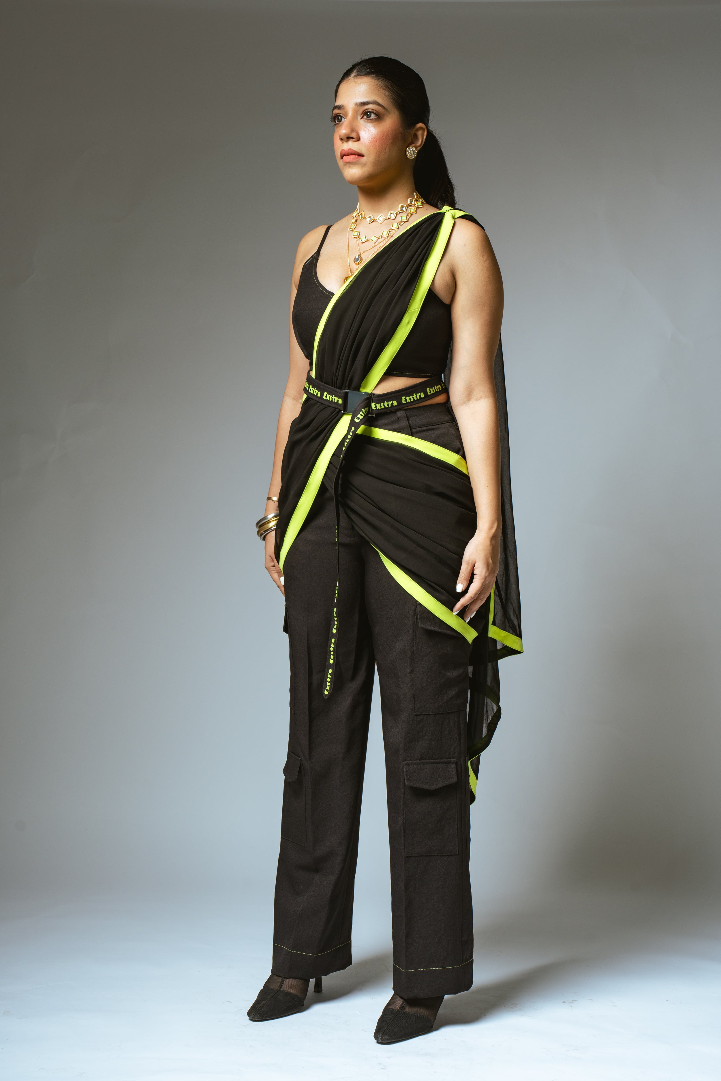 Black & Neon Saree with Cargo Pants