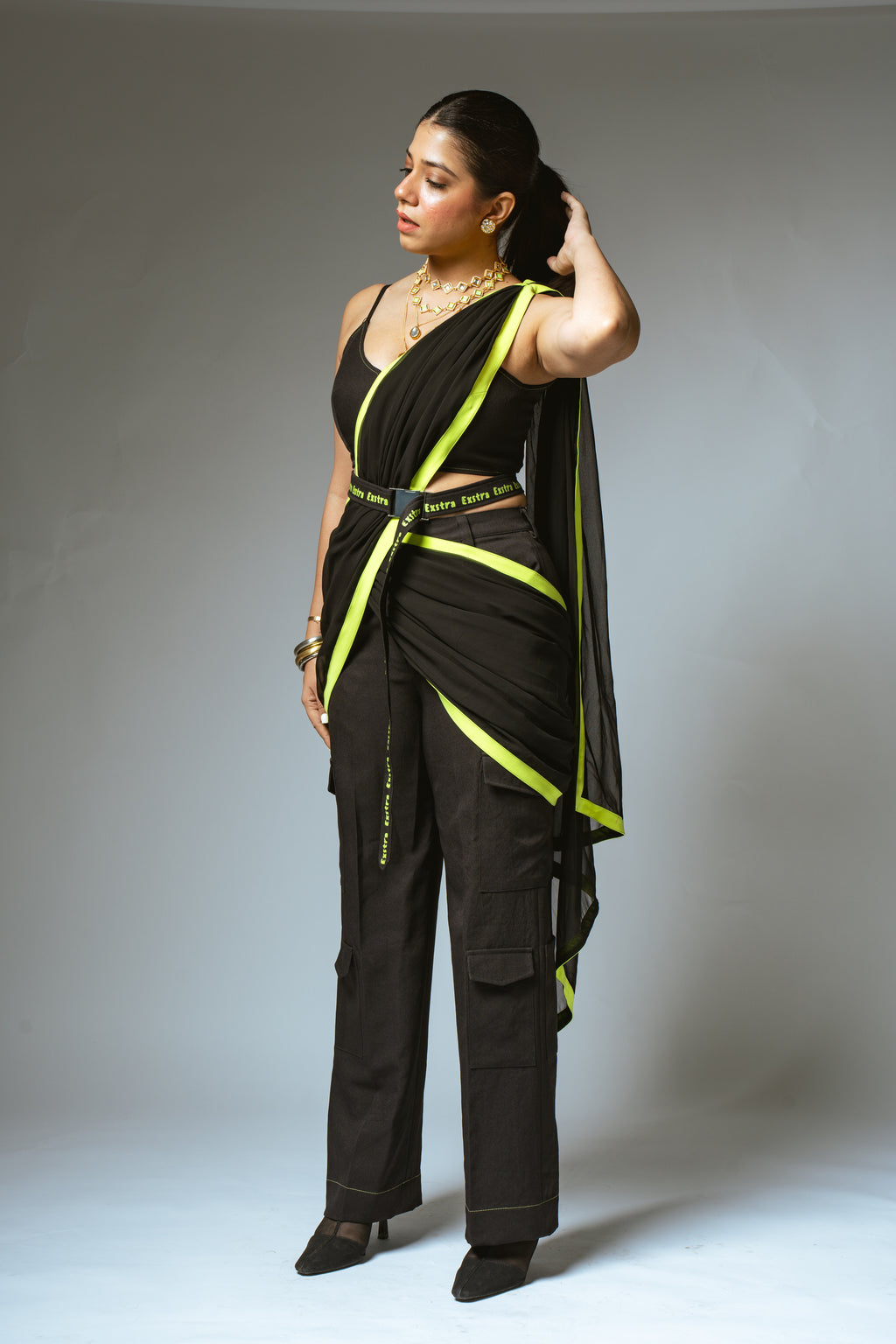 Black & Neon Saree with Cargo Pants