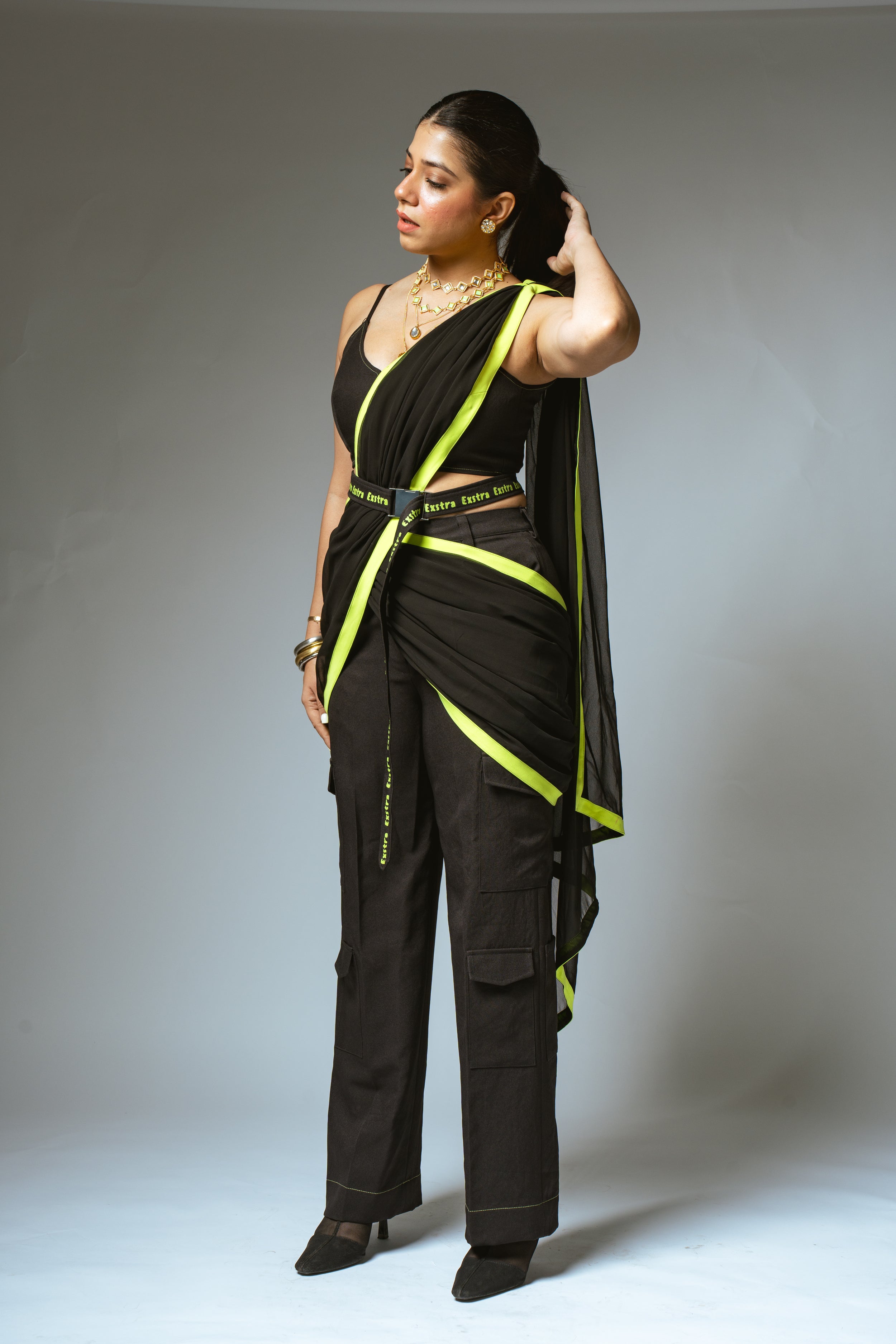 Black & Neon Saree with Cargo Pants