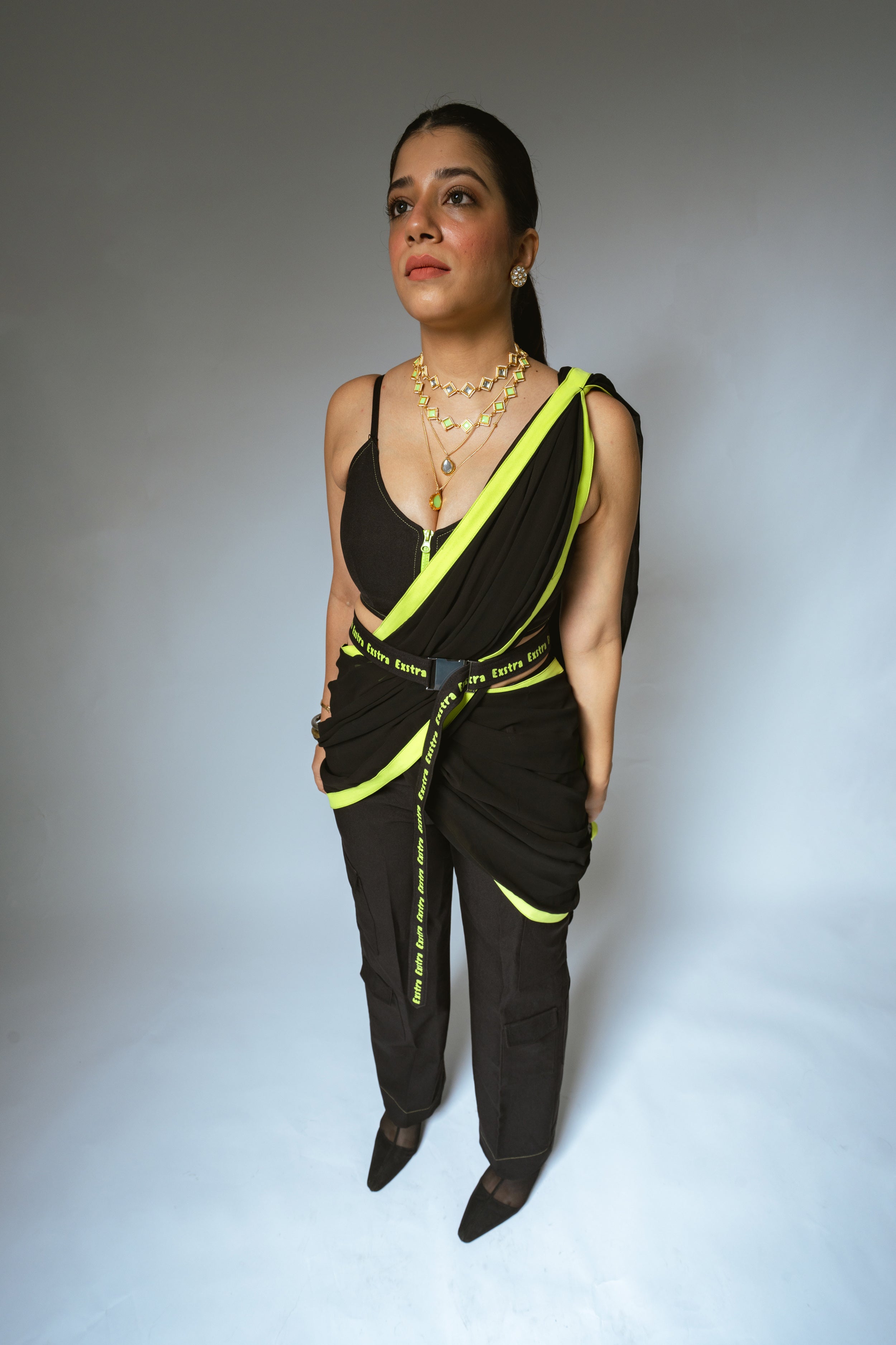 Black & Neon Saree with Cargo Pants