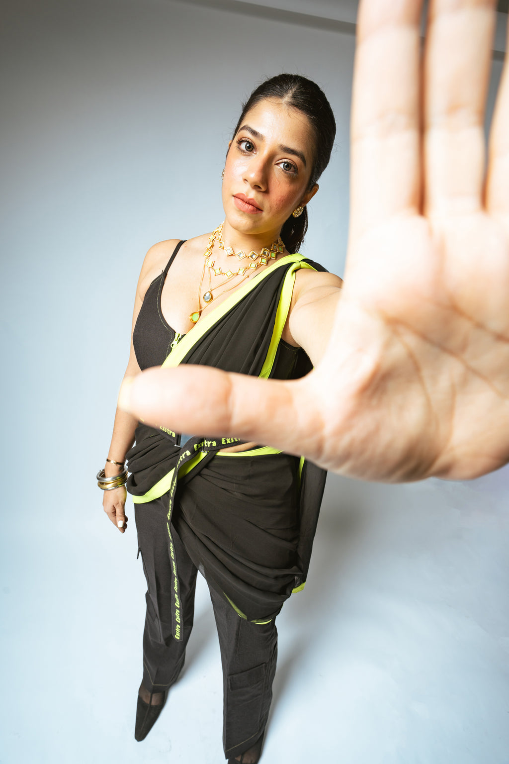 Black & Neon Saree with Cargo Pants