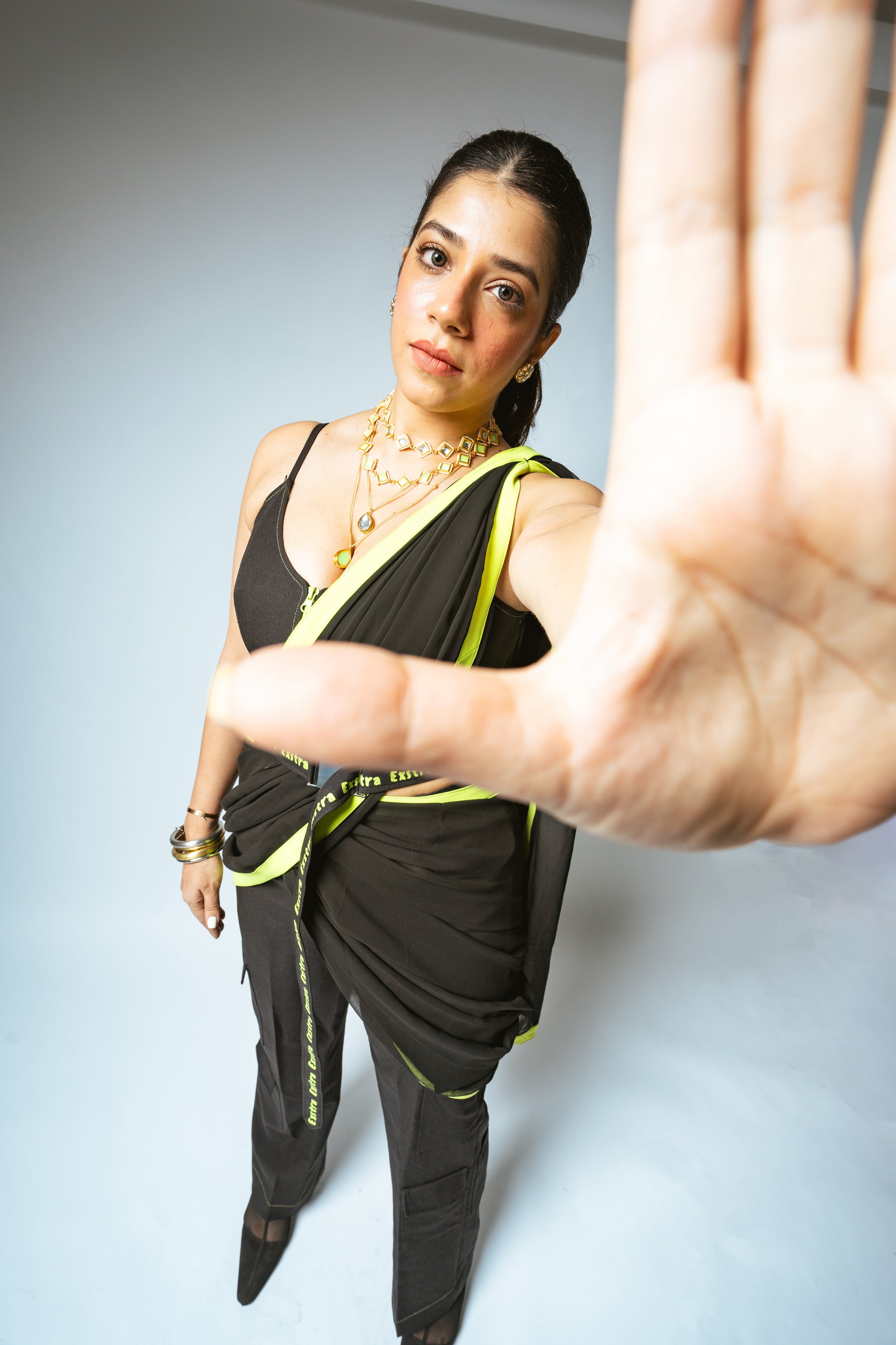 Black & Neon Saree with Cargo Pants