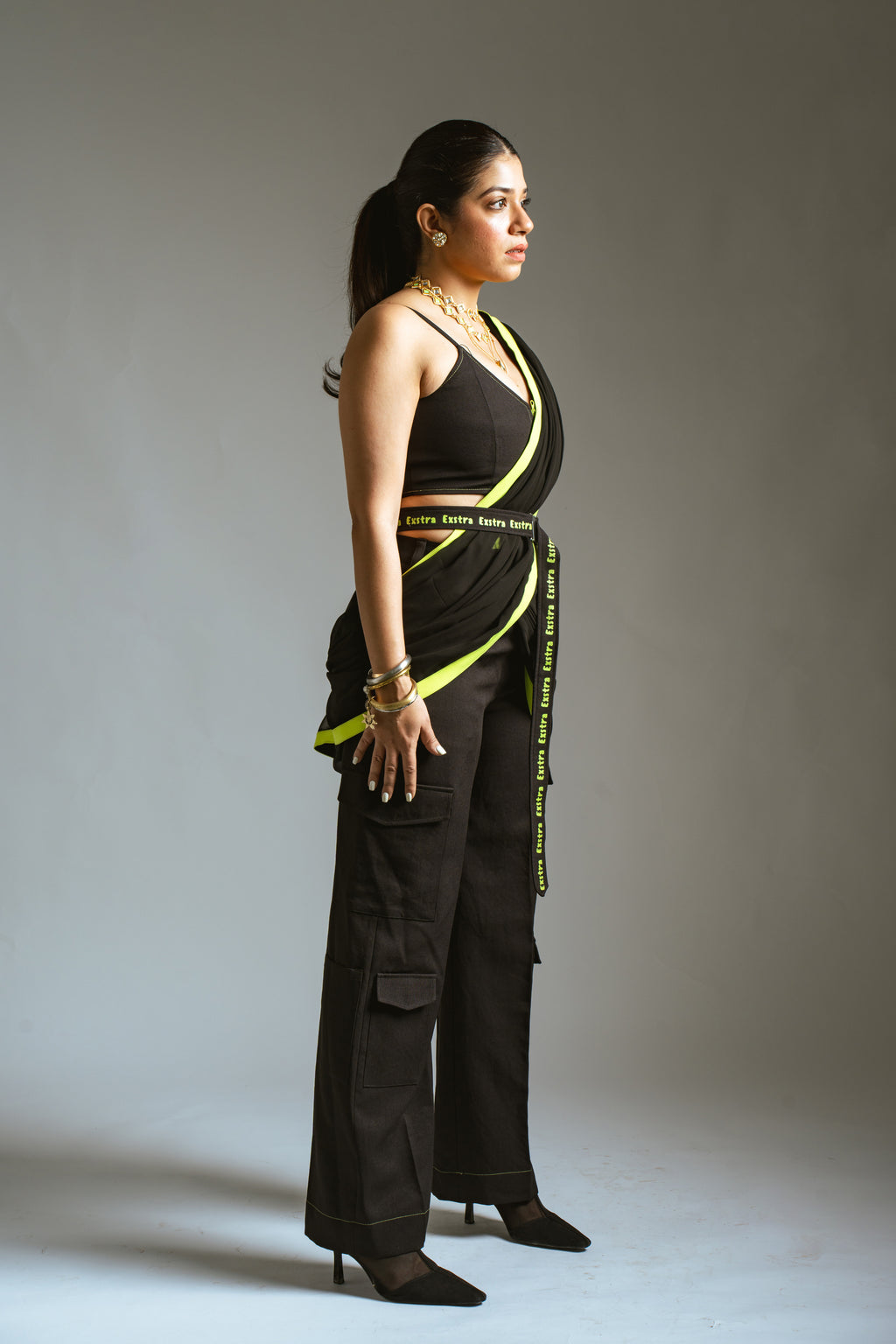 Black & Neon Saree with Cargo Pants