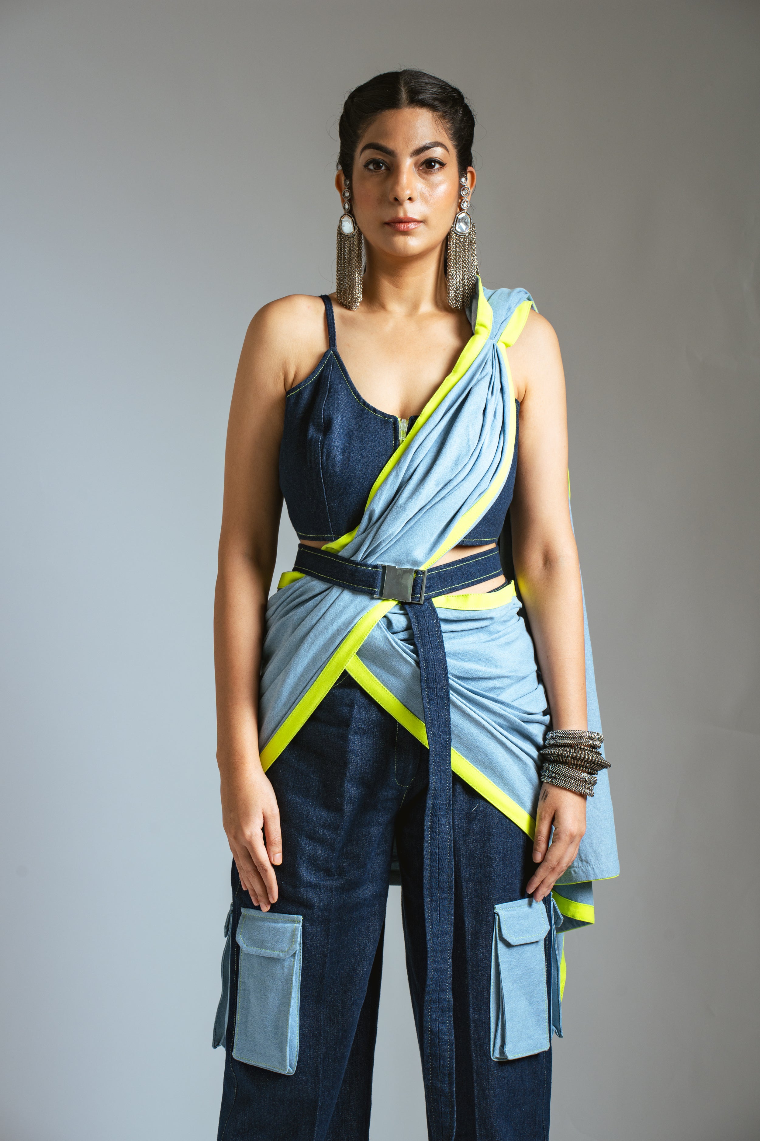 Blue & Neon Saree with Cargo Pants