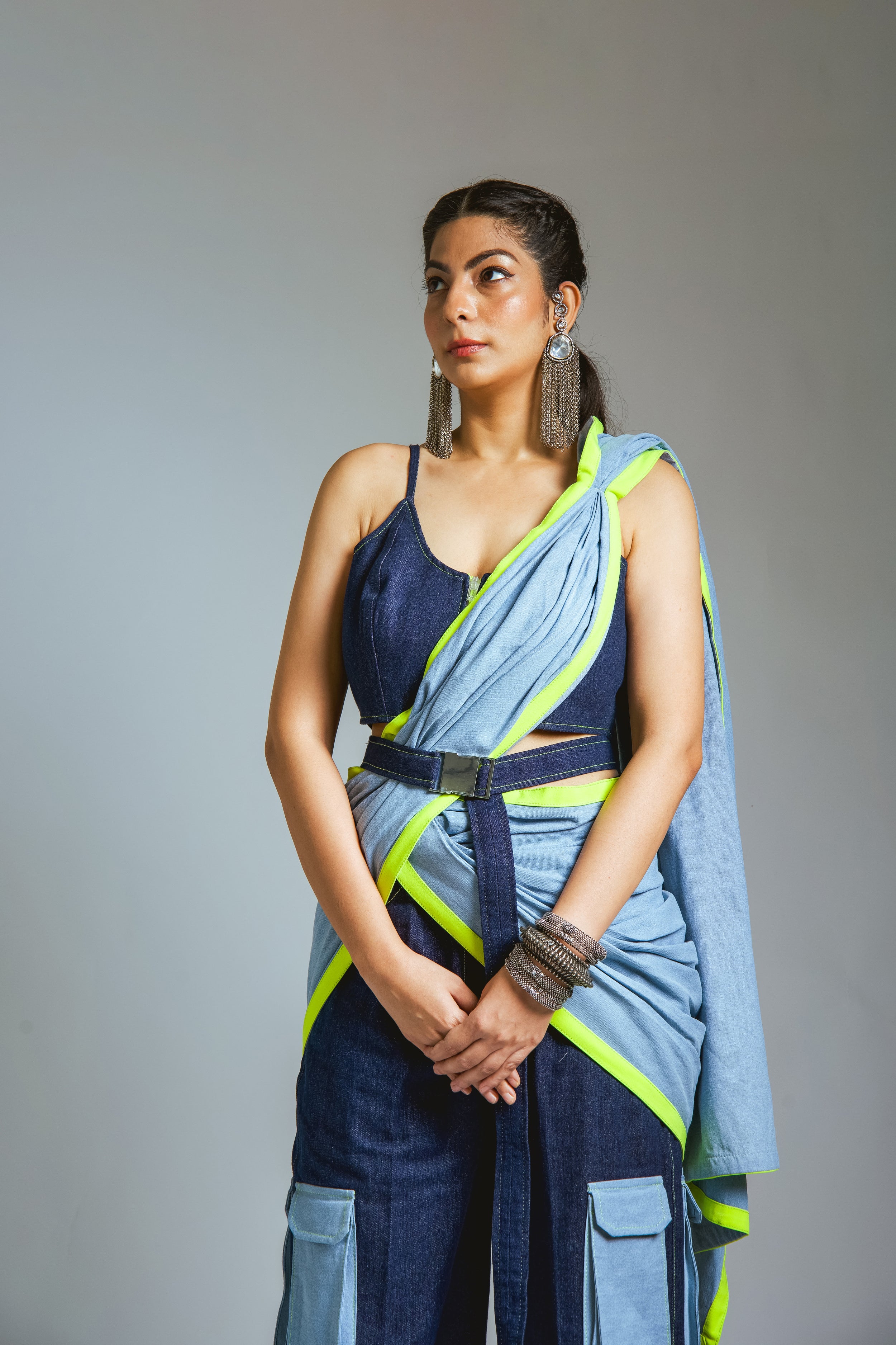 Blue & Neon Saree with Cargo Pants