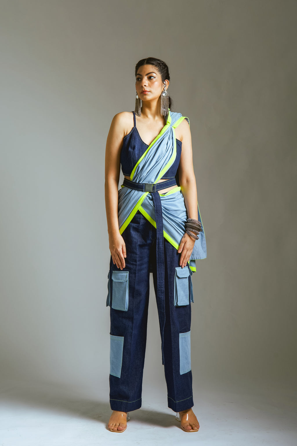 Blue & Neon Saree with Cargo Pants