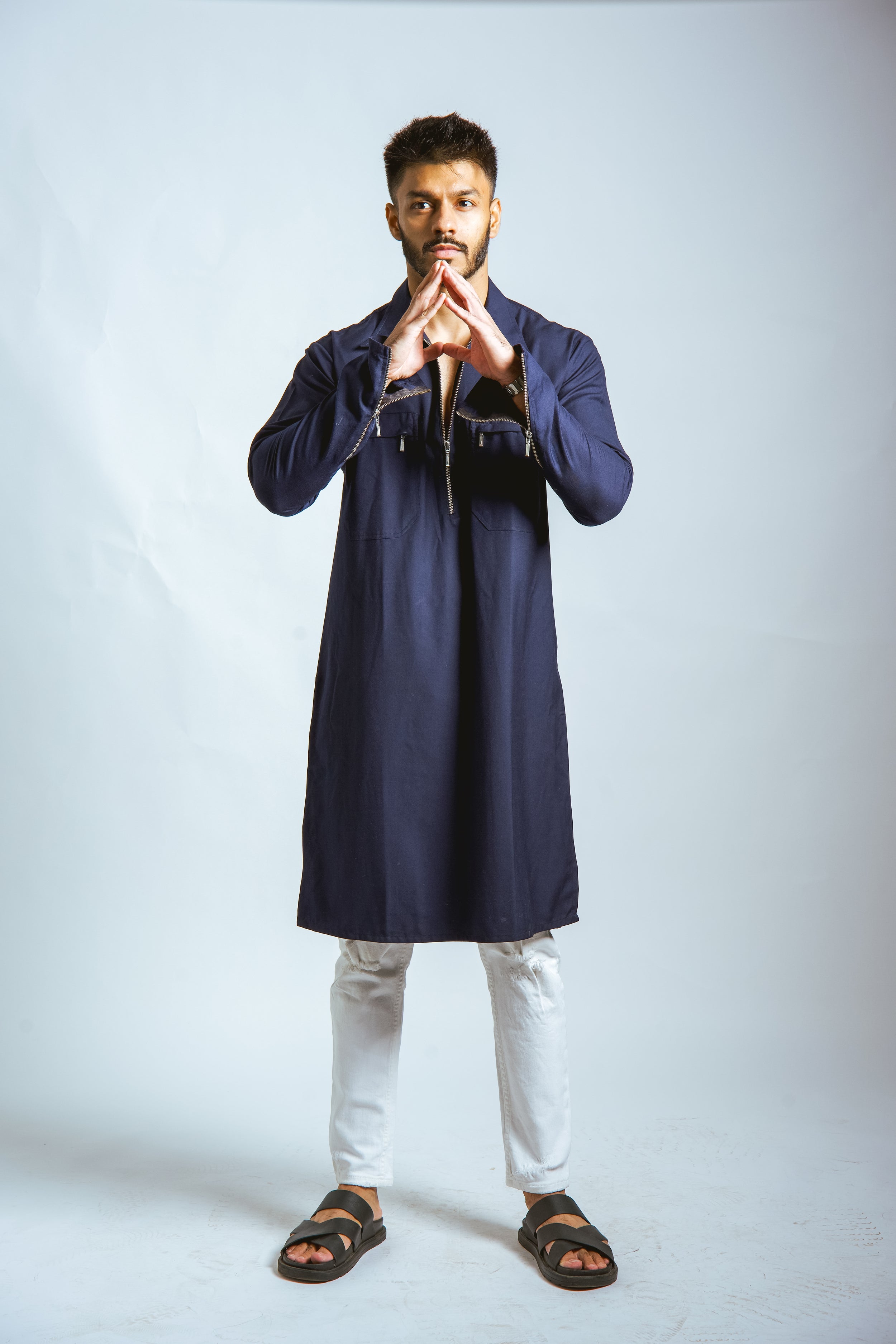 Blue Full Plain Zip Kurta