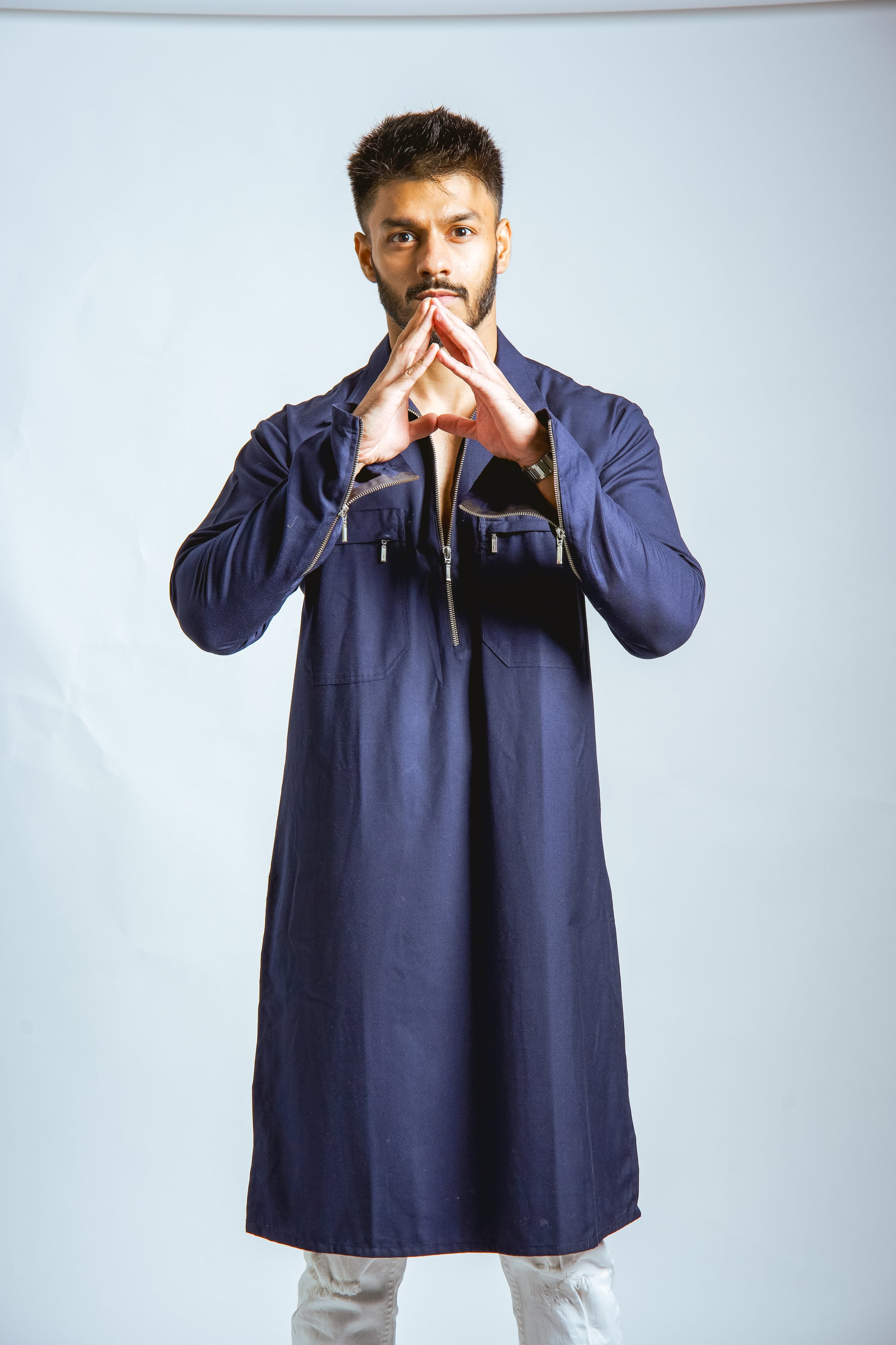 Blue Full Plain Zip Kurta