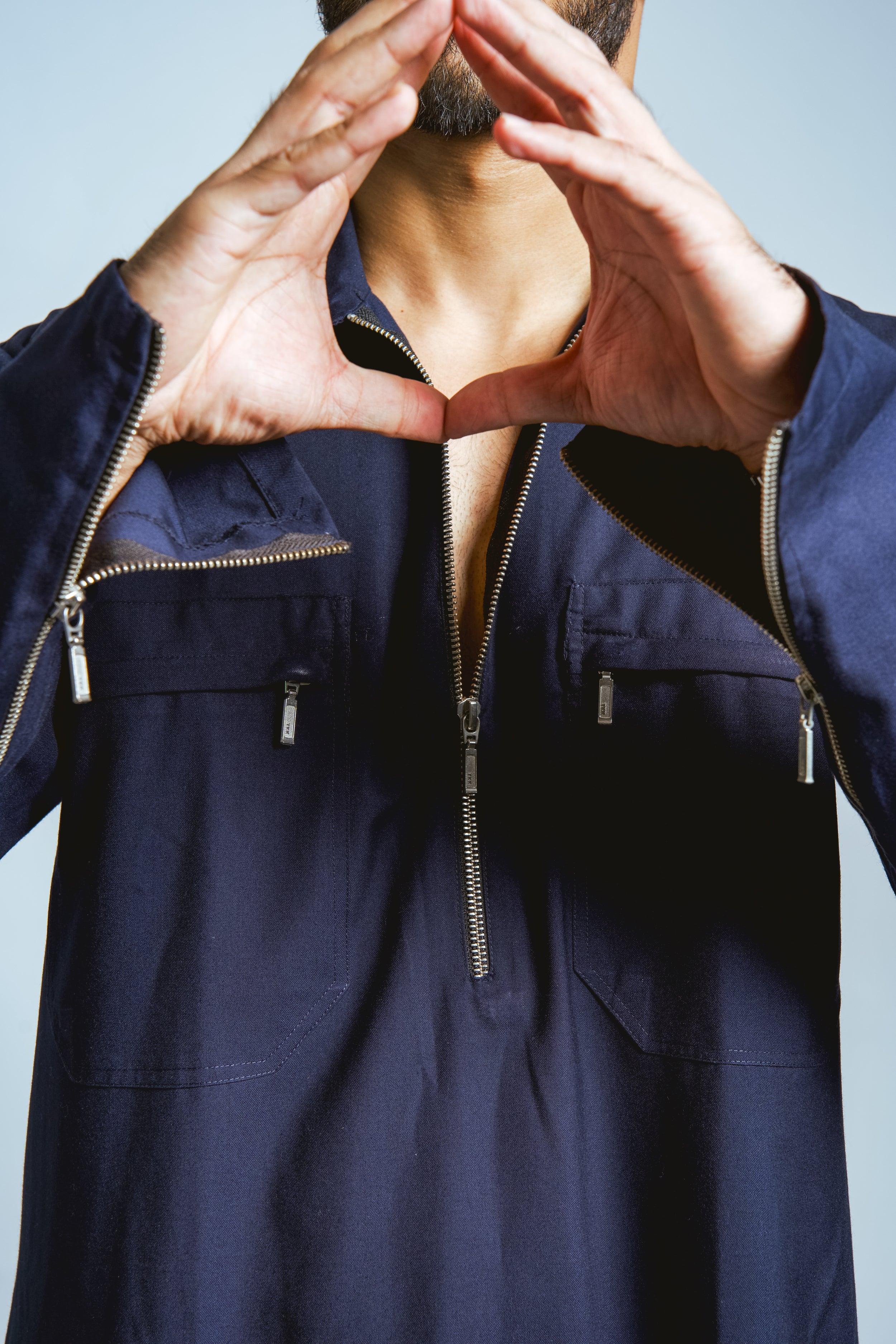 Blue Full Plain Zip Kurta