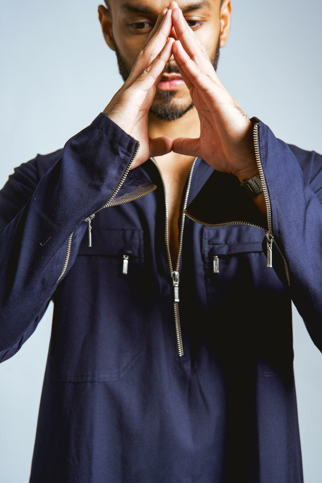 Blue Full Plain Zip Kurta