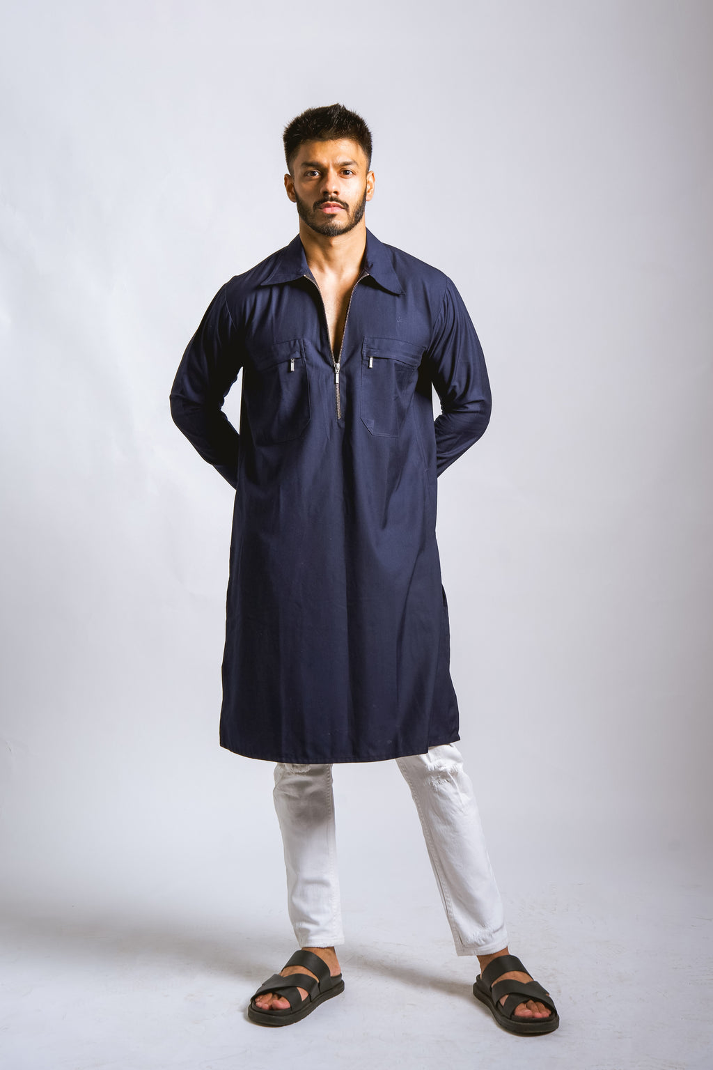 Blue Full Plain Zip Kurta