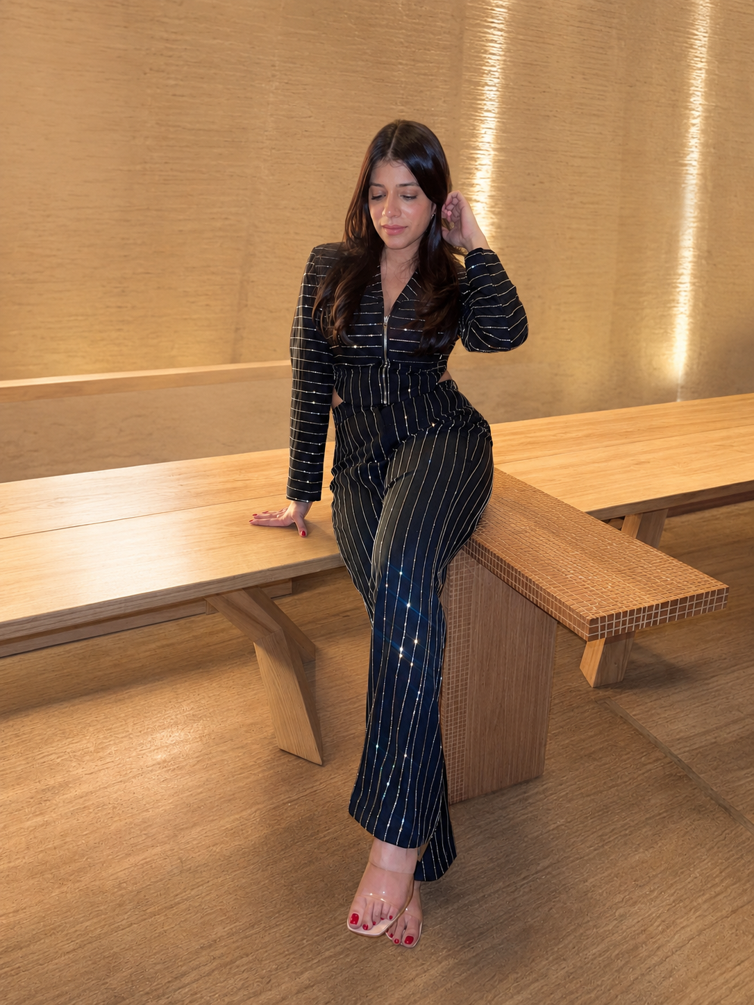 Rhinestones Stripe Shirt vest and Pants