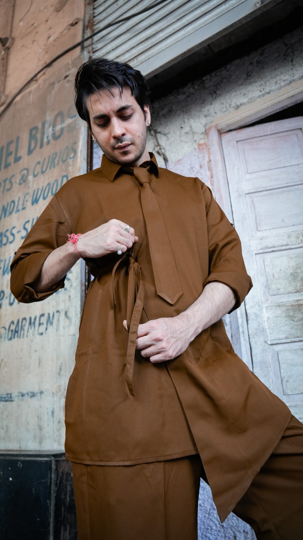 Assymetrical Brown Kurta Set with Tie