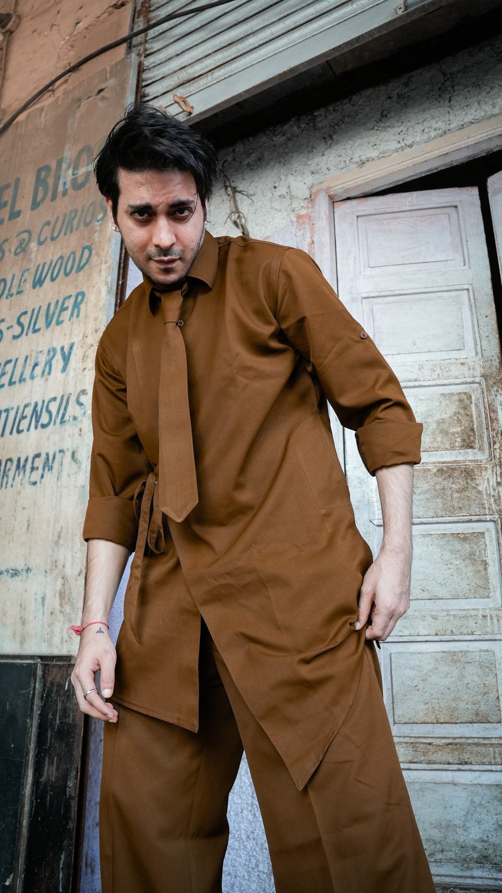 Assymetrical Brown Kurta Set with Tie