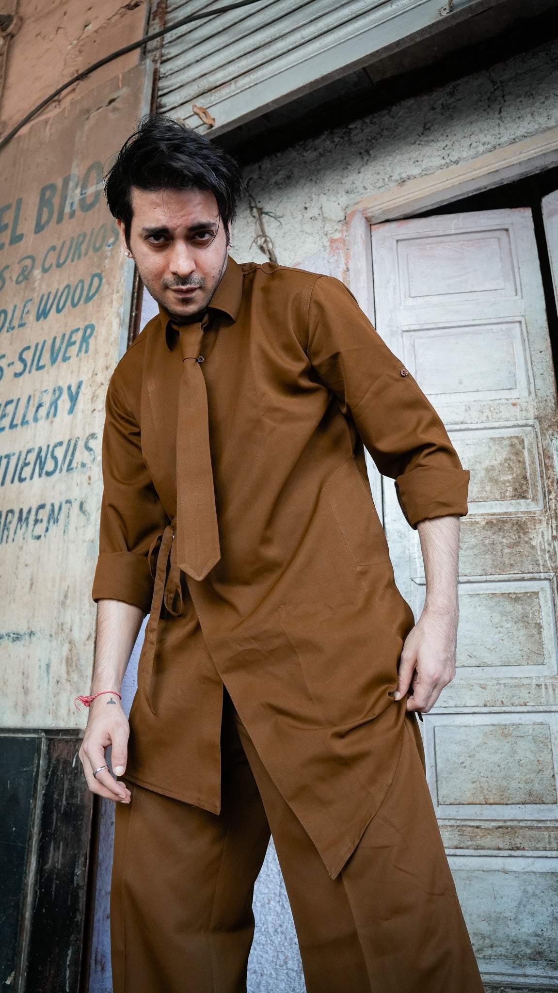 Assymetrical Brown Kurta Set with Tie