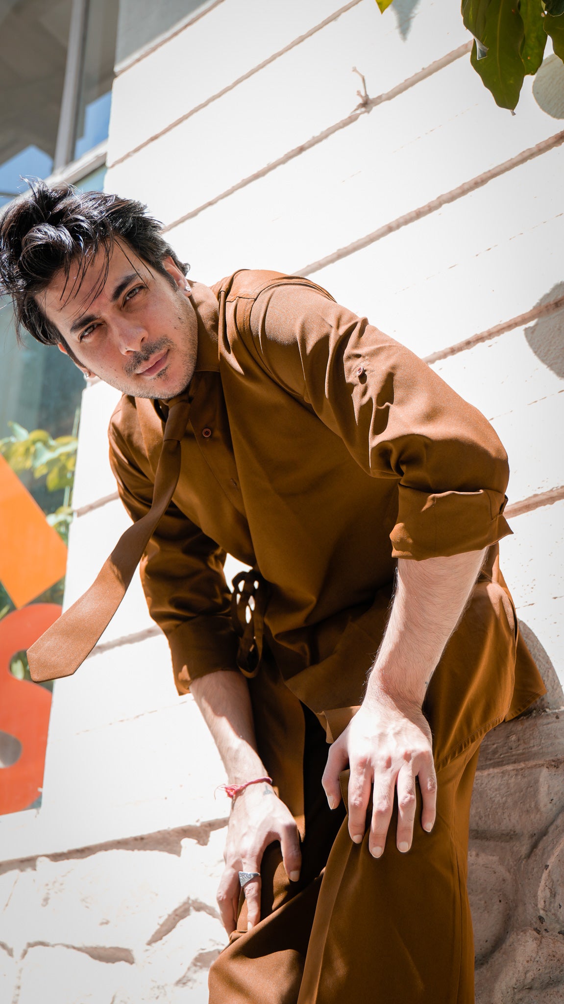Assymetrical Brown Kurta Set with Tie