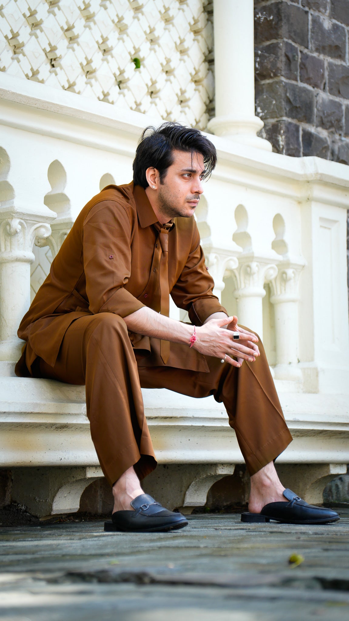 Assymetrical Brown Kurta Set with Tie