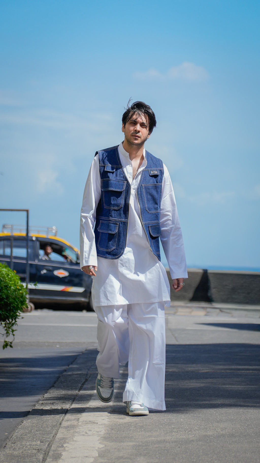 Denim Utility and White Kurta Set