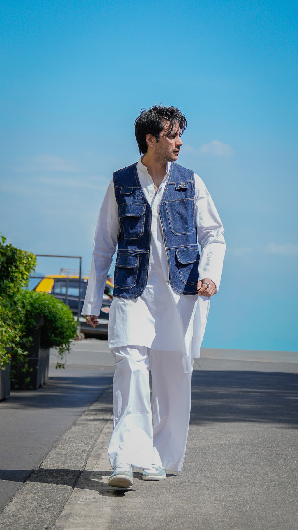 Denim Utility and White Kurta Set