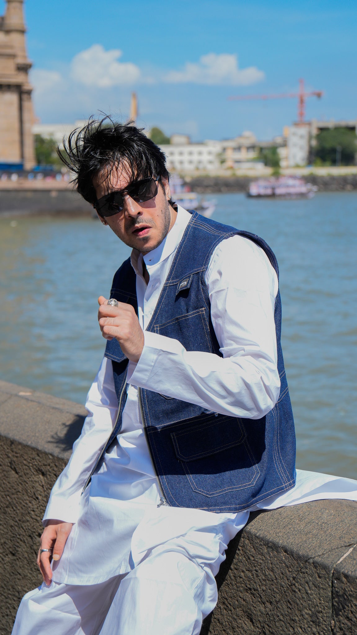 Denim Utility and White Kurta Set