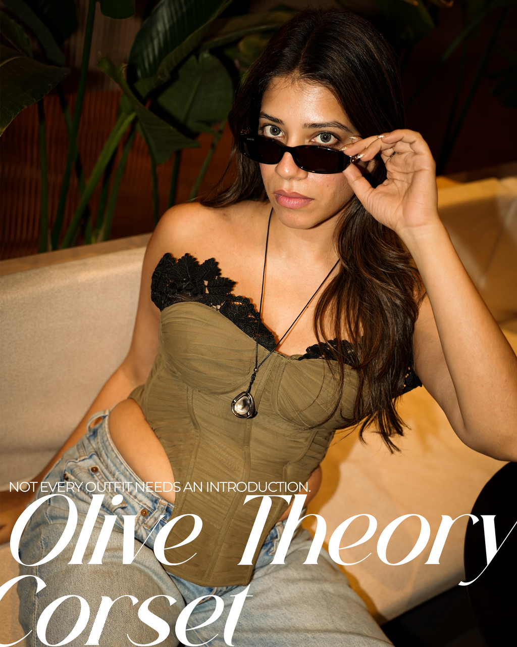 Ruched Olive Cut Out Corset With Lace Details