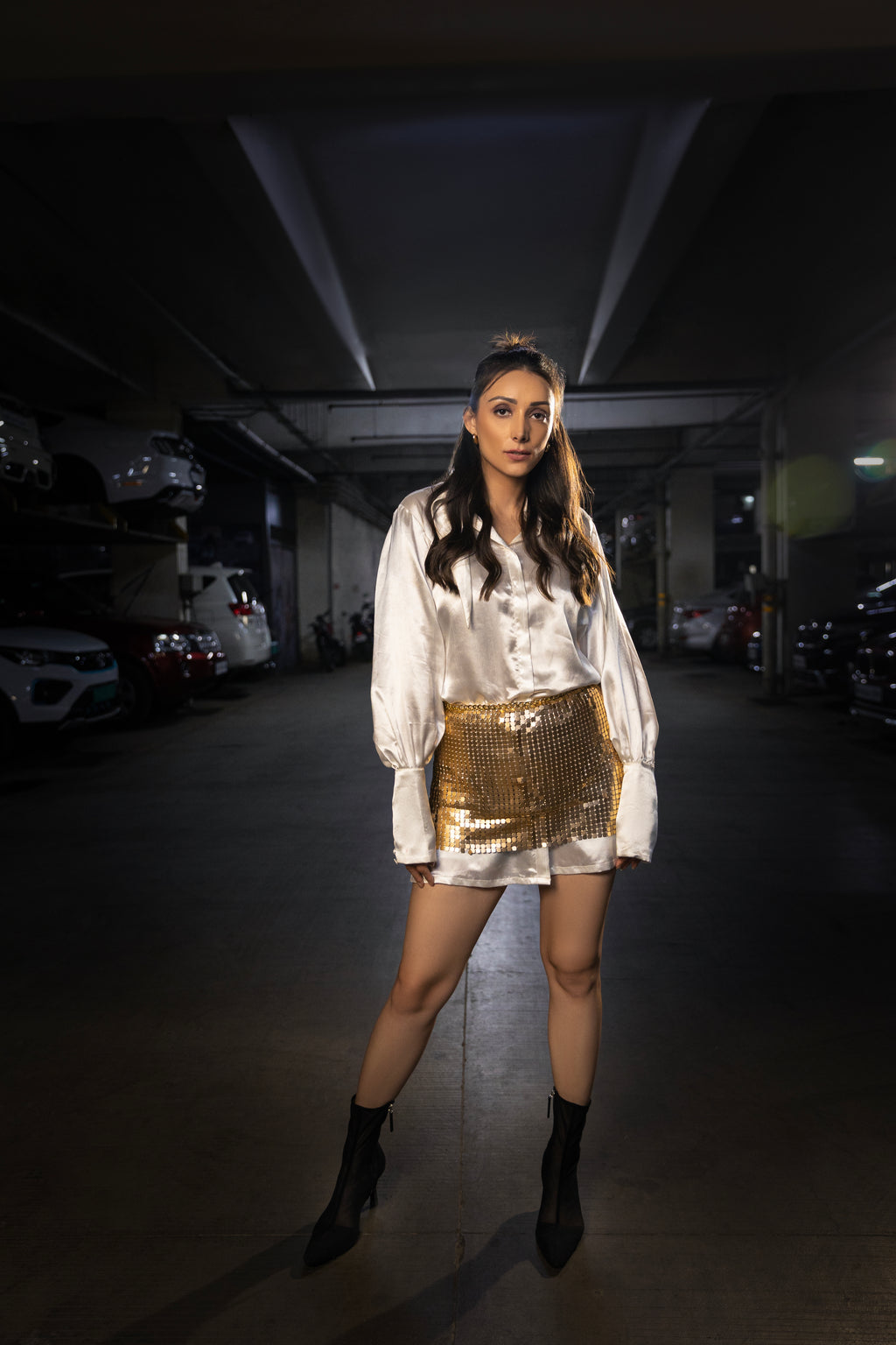 Metal Gold Skirt with Shirt Dress