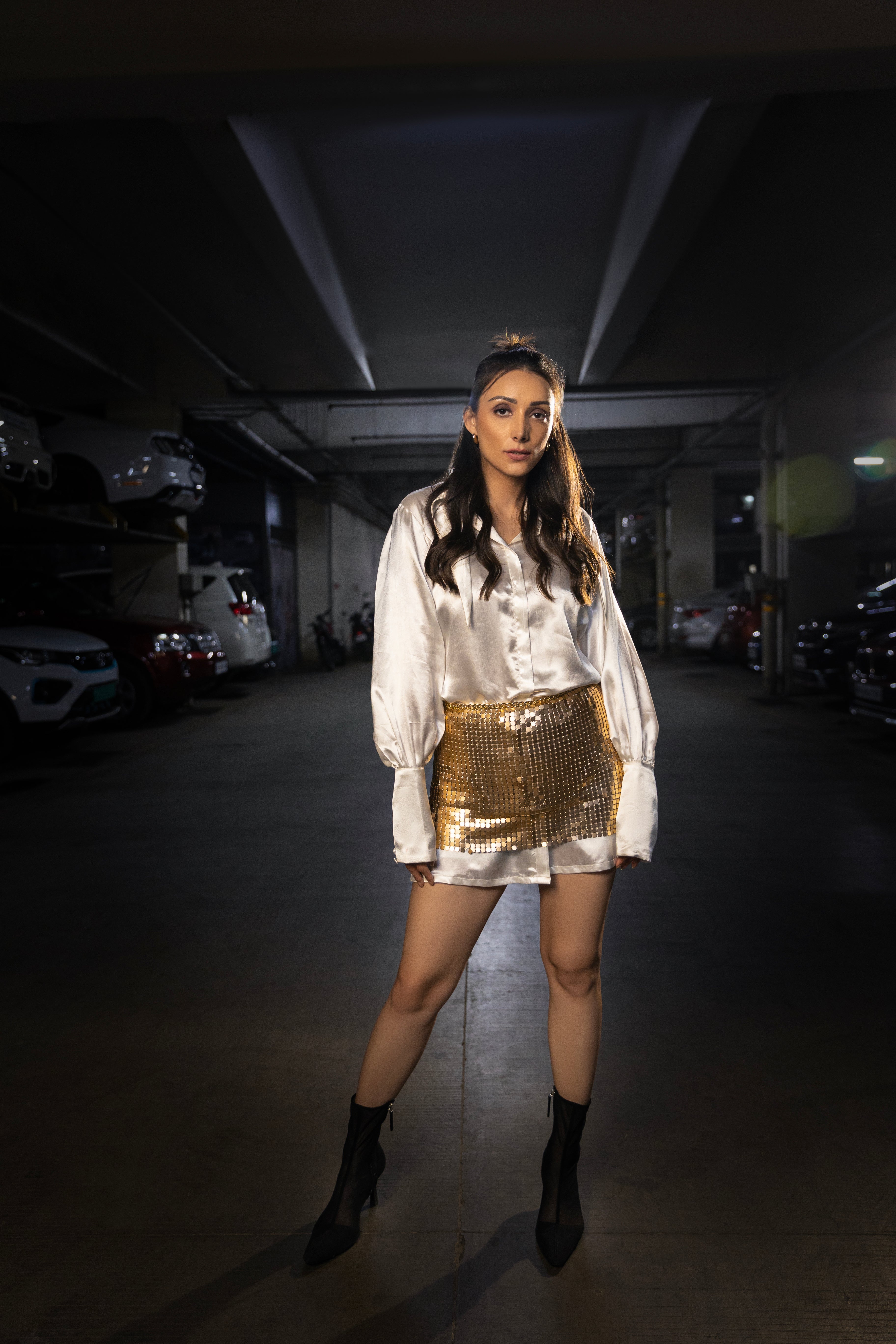 Metal Gold Skirt with Shirt Dress