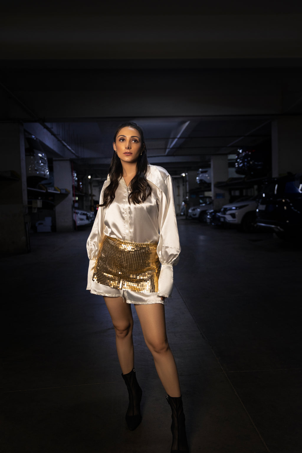 Metal Gold Skirt with Shirt Dress