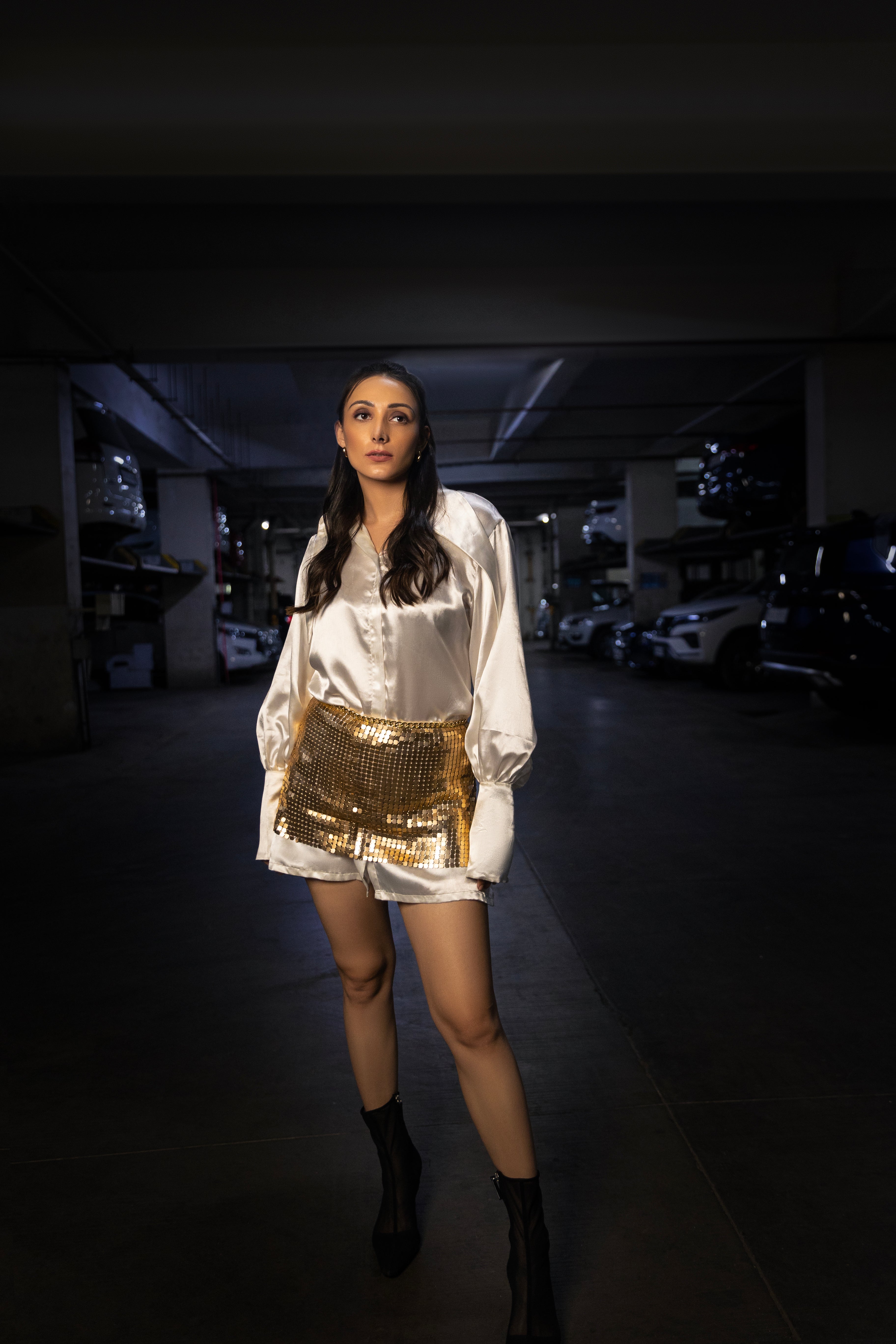 Metal Gold Skirt with Shirt Dress