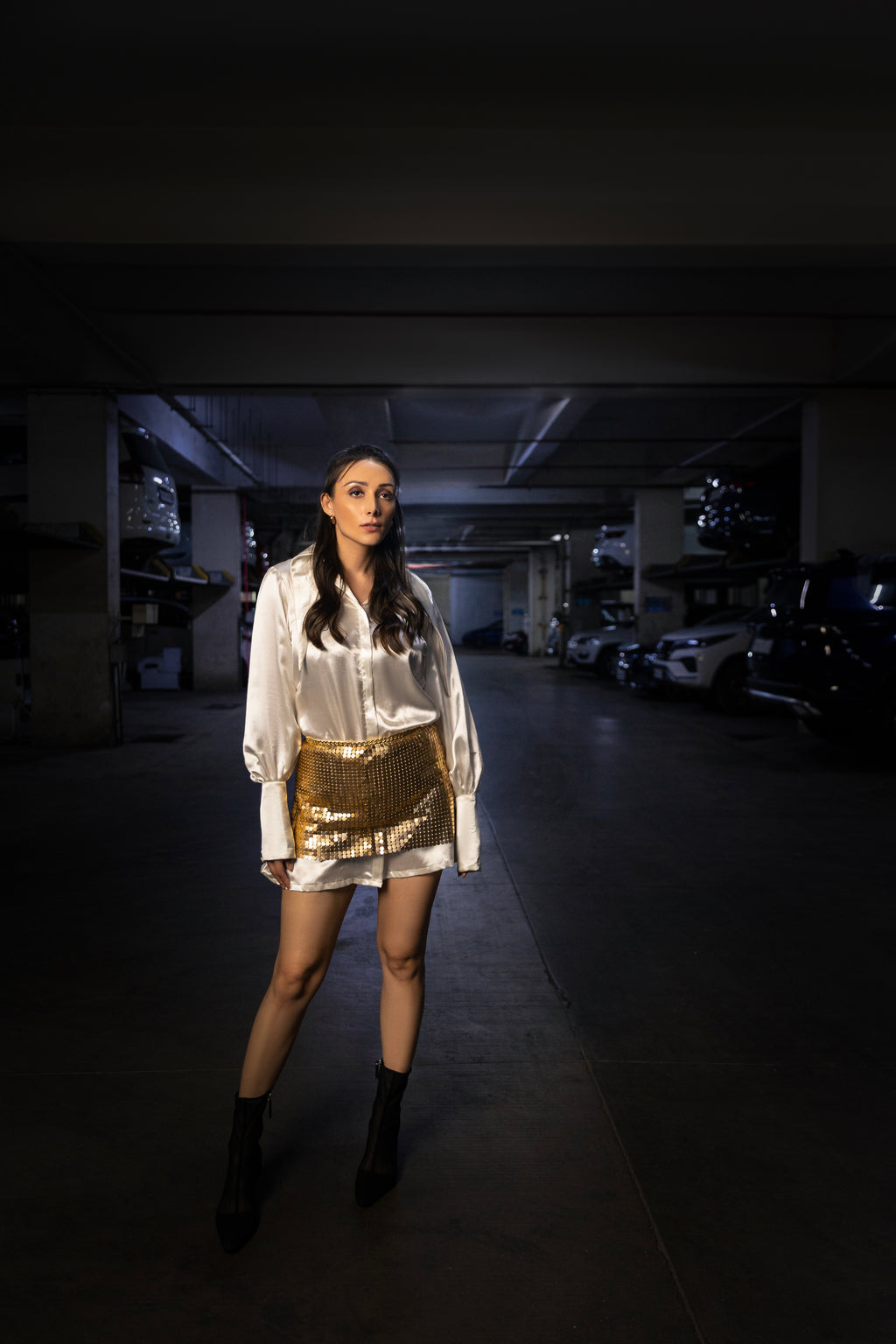 Metal Gold Skirt with Shirt Dress