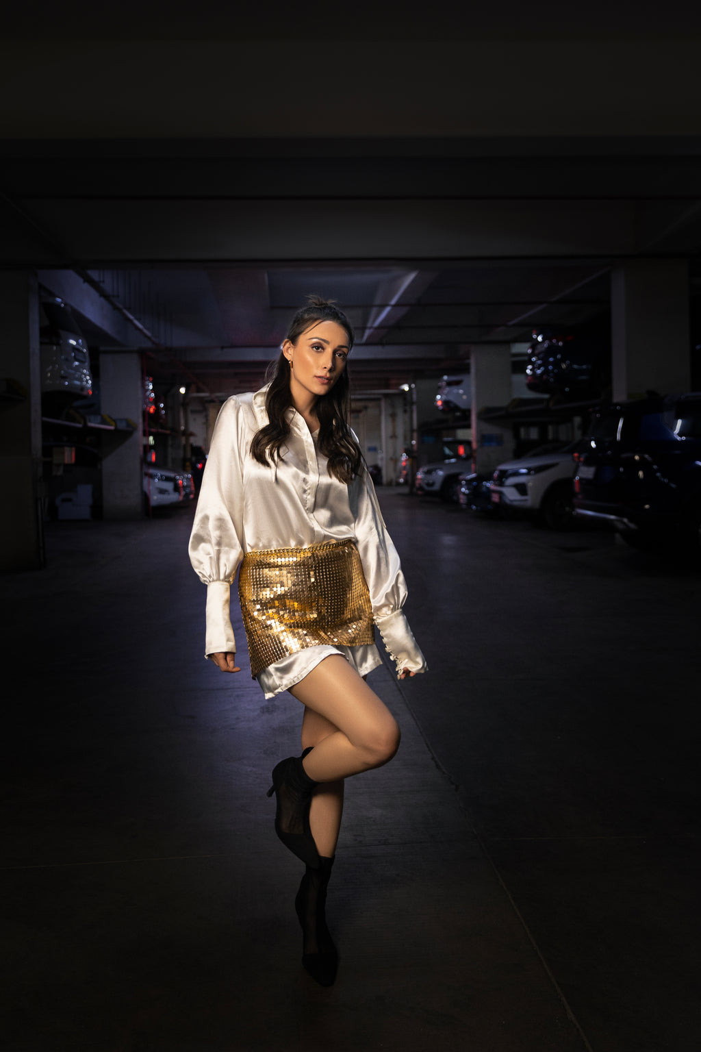 Metal Gold Skirt with Shirt Dress