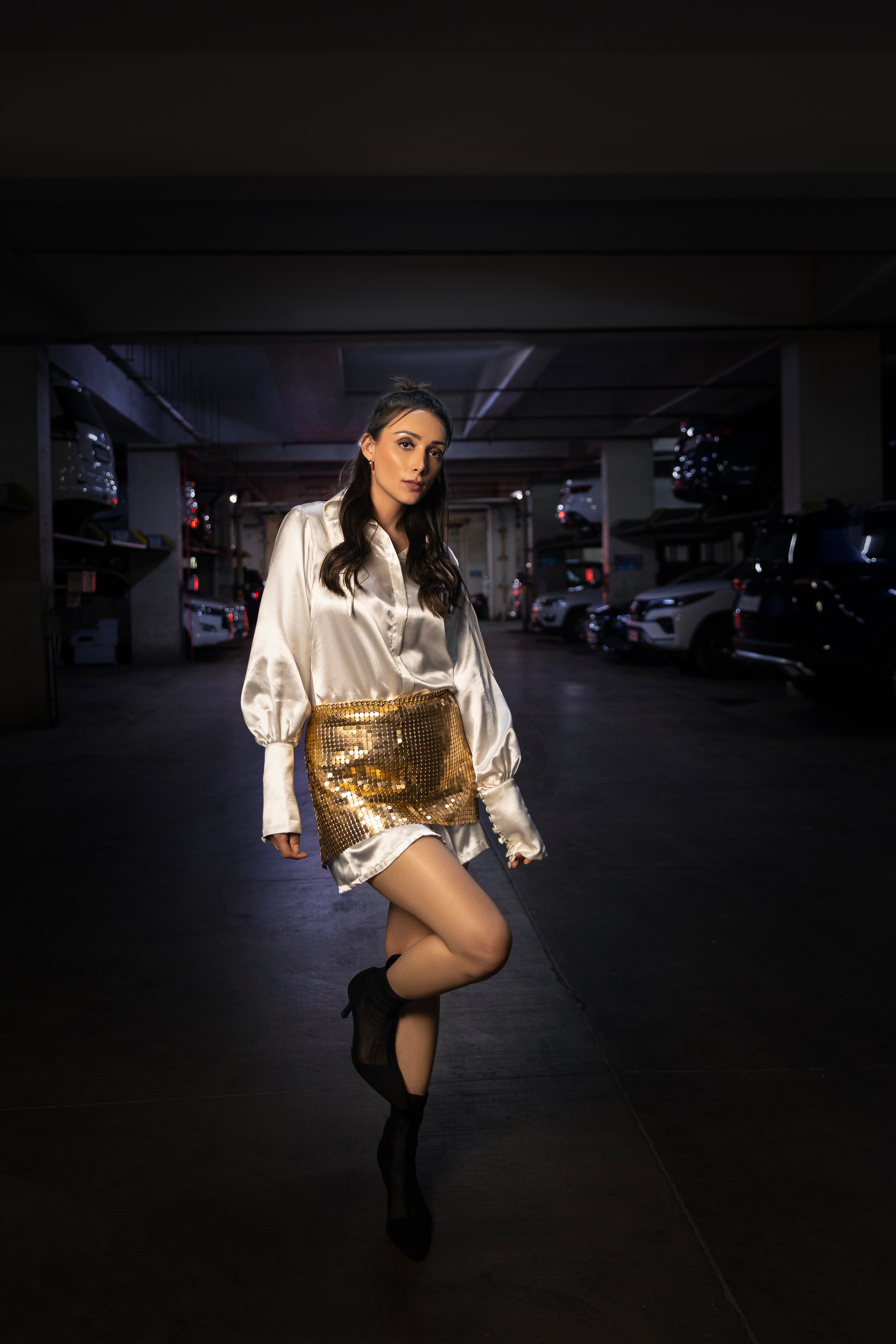 Metal Gold Skirt with Shirt Dress