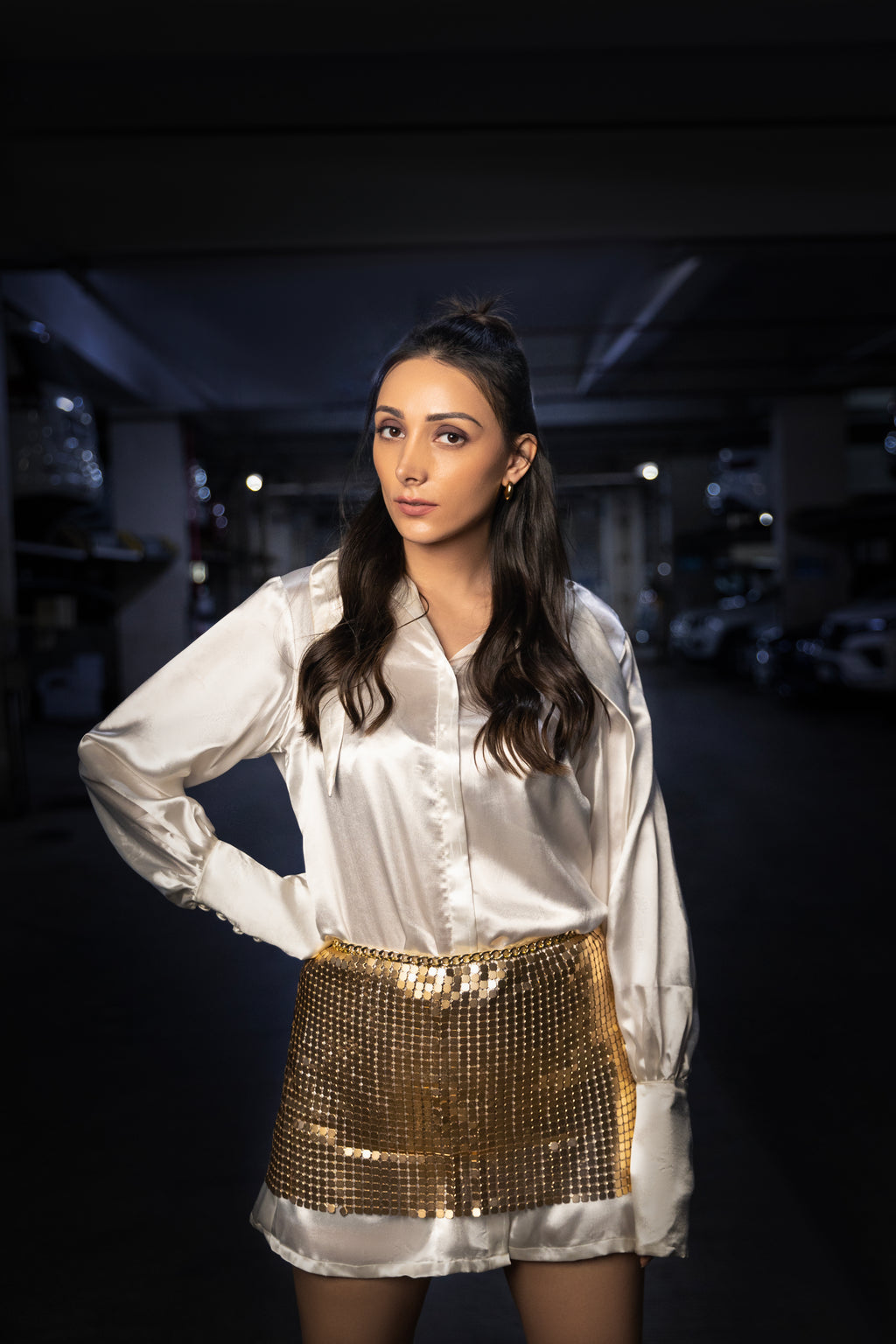 Metal Gold Skirt with Shirt Dress