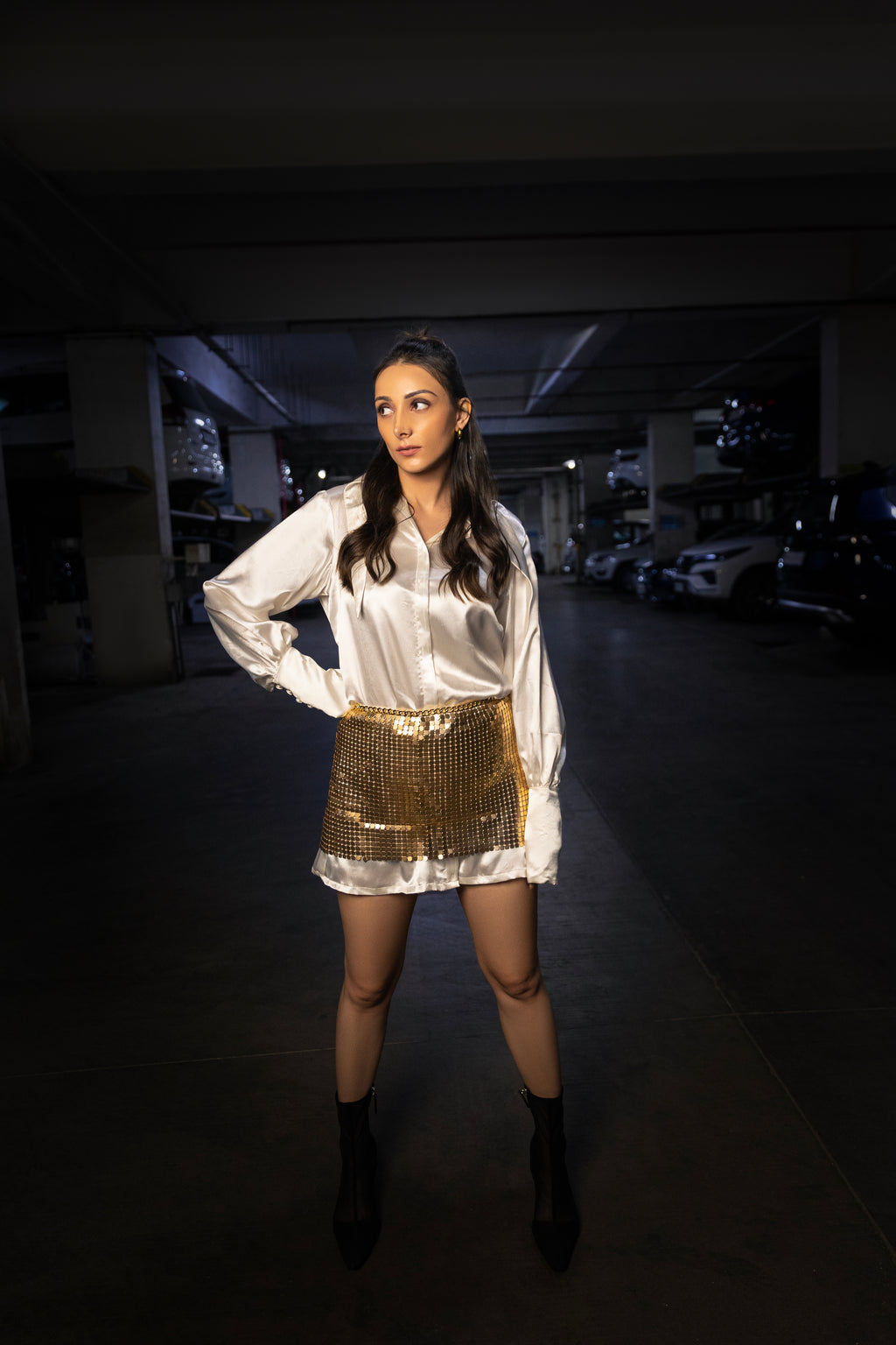 Metal Gold Skirt with Shirt Dress