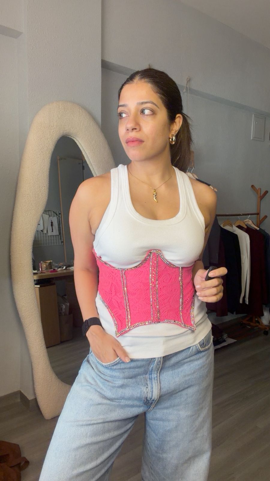 Neon Pink Swarovski Studded Corset Belt