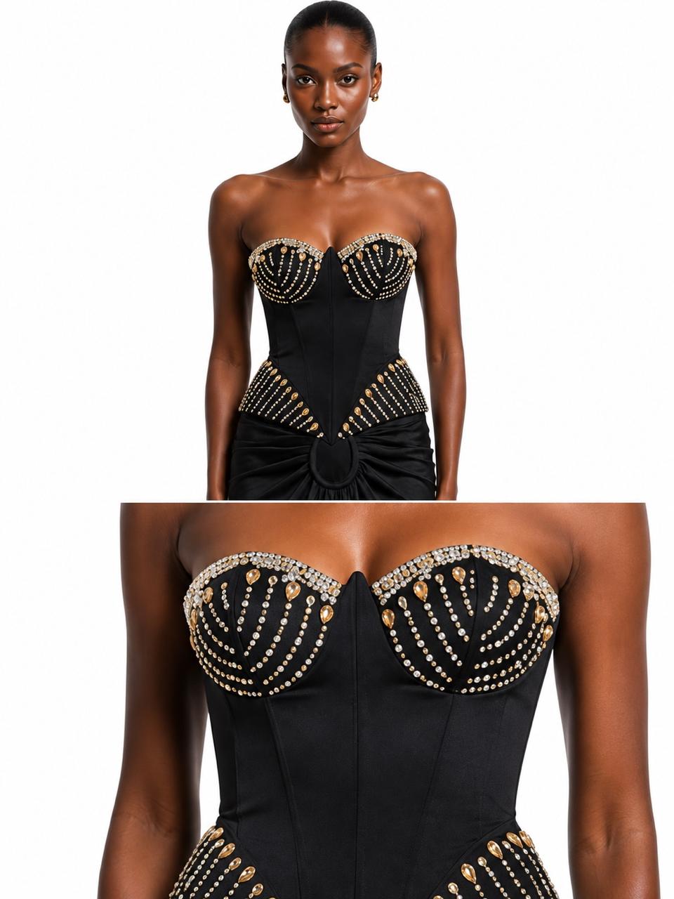 Rhinestone Embroidered Corset with Draped Skirt