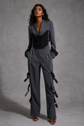 Grey Corset Blazer with Buckle pants Set