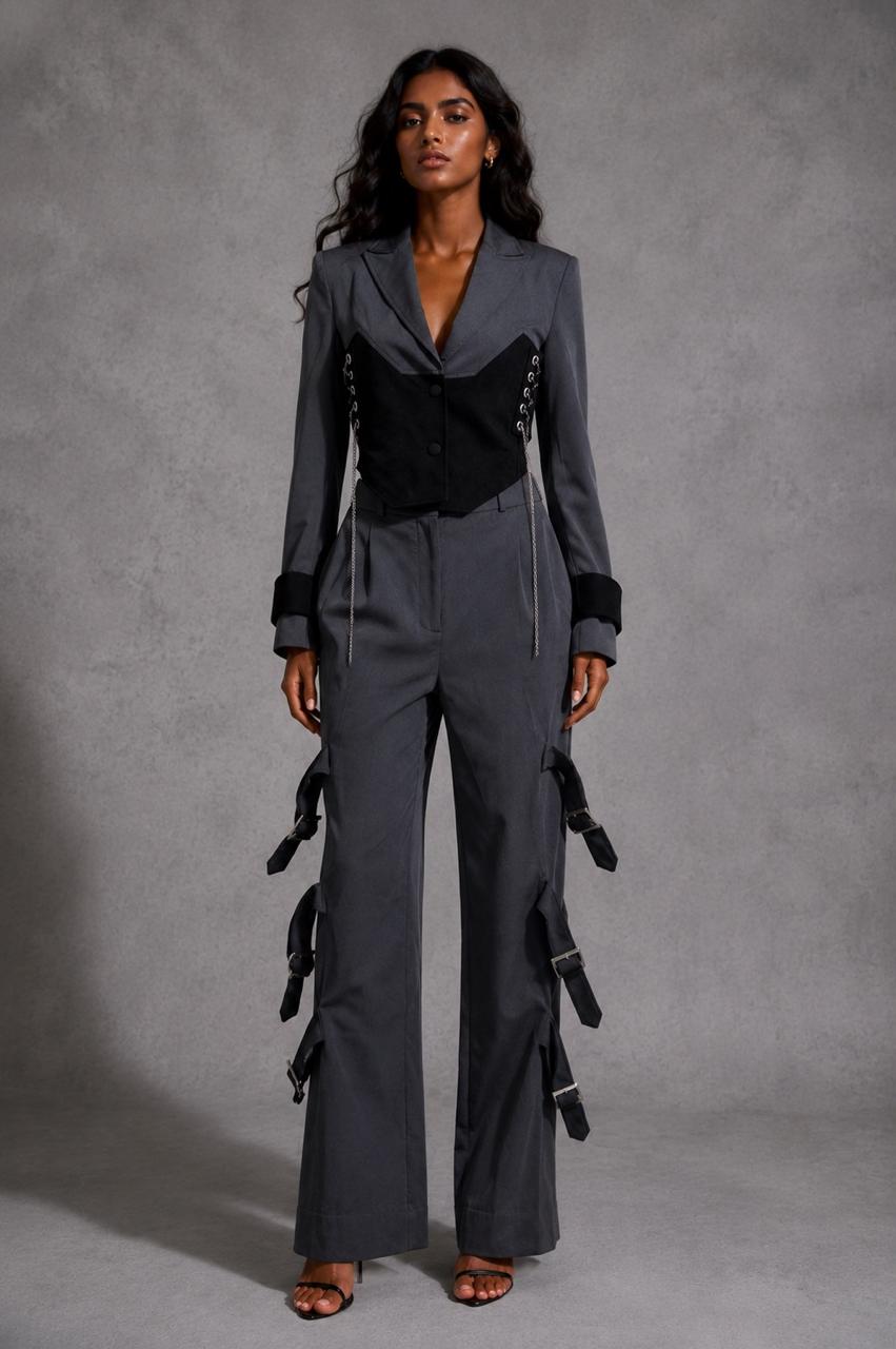 Grey Corset Blazer with Buckle pants Set